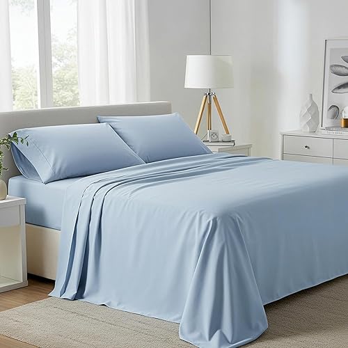 Carressa Linen 100% Egyptian Cotton Queen Sheet Set - 800 High Thread Count Egyptian Cotton Sheets Queen Size (4 PC, Sky Blue), Soft, Cooling, 16" Deep Pocket Sateen Weave Luxury Hotel Bed Sheet