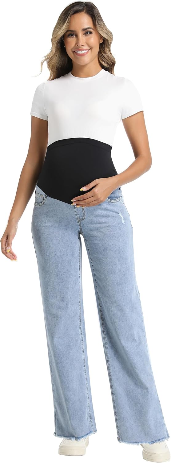 Foucome Women's Maternity Jeans Straight Leg Relaxed Fit Comfy Stretchy Trendy Pregnancy Denim Pants - Image 6