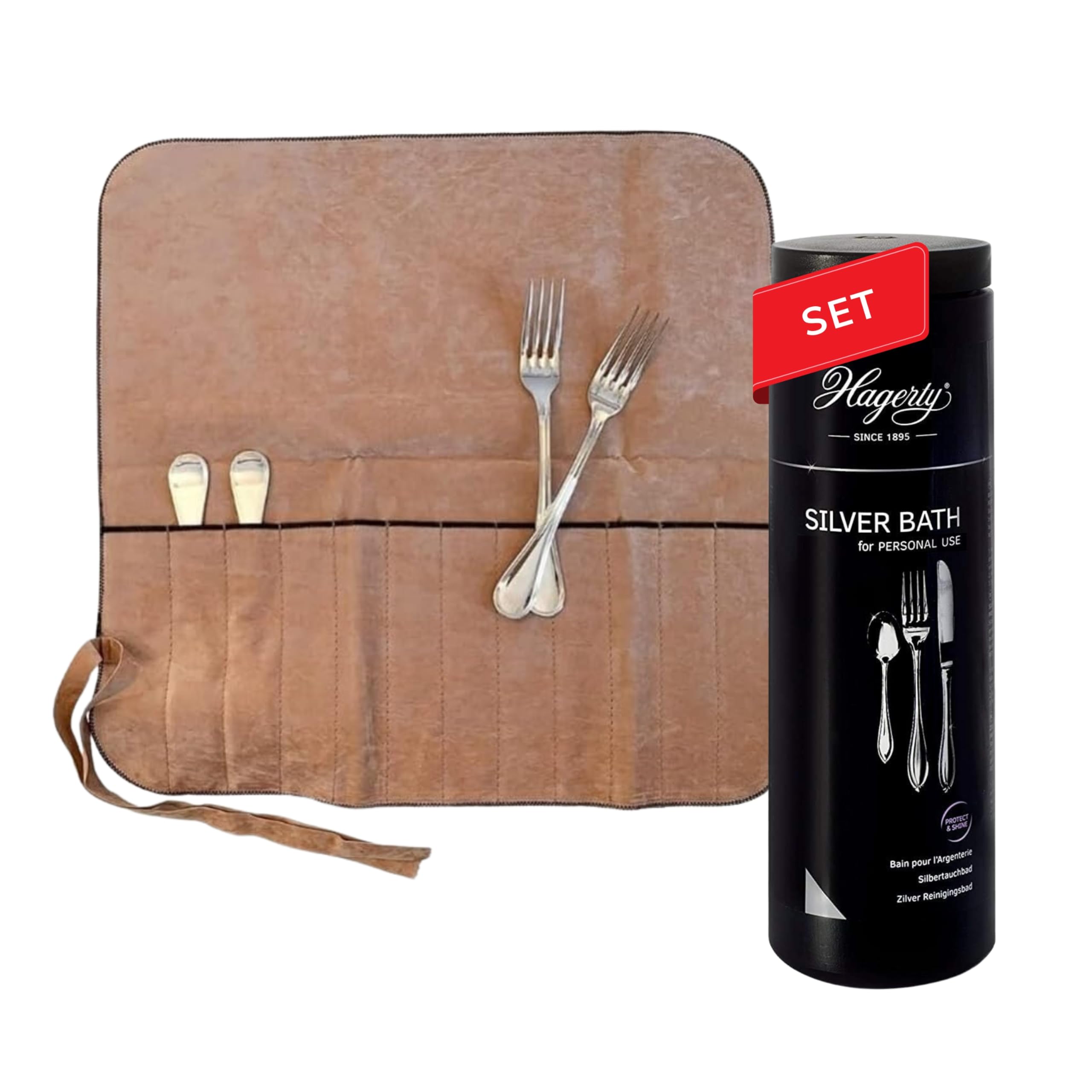 Hagerty Set Silver Bath + Silver Guard Cuttlery Roll I Silbertauchbad mit Anlaufschutz 580ml + Bestecktasche für Tafelgabeln mit 12 Fächern 43,5x43 cm I für Besteck aus Silber oder versilbertem Metall
