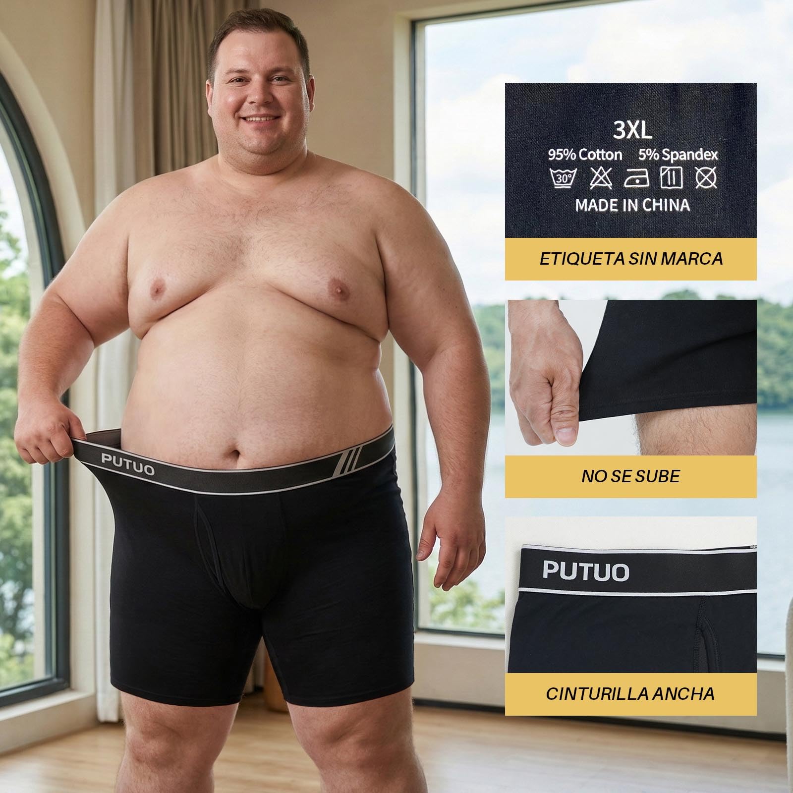 PUTUO Boxer Hombre Algodón Calzoncillos: Ropa Interior de Pierna Larga para Hombres en Grandes Tallas Boxers Cómodos y Transpirables con Cintura Paquete de 4 Piezas