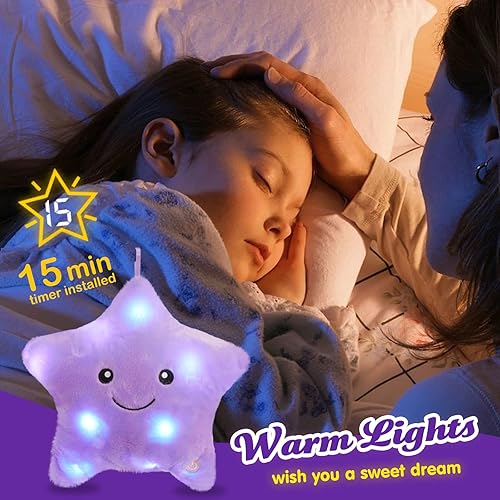 Miniatura 3 de WEWILL Almohada de felpa suave con luces LED centelleantes de 9 pulgadas, con luces nocturnas coloridas, cumpleaños para niños pequeños (morado)