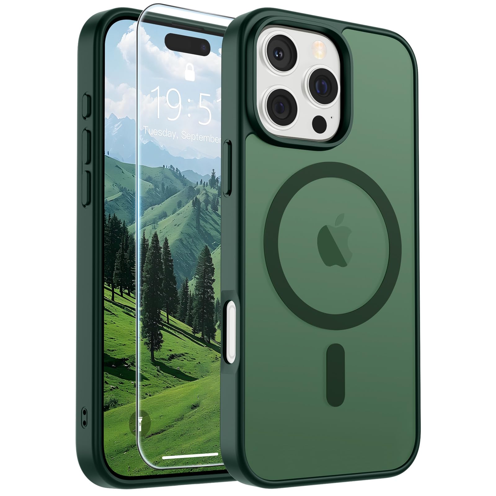 SUPFINE Magnetic for iPhone 16 Pro Max Case Forest Green | With Screen Protector, Translucent Matte, Compatible with MagSafe, Military Grade Drop Proof, Rugged Shockproof Protective