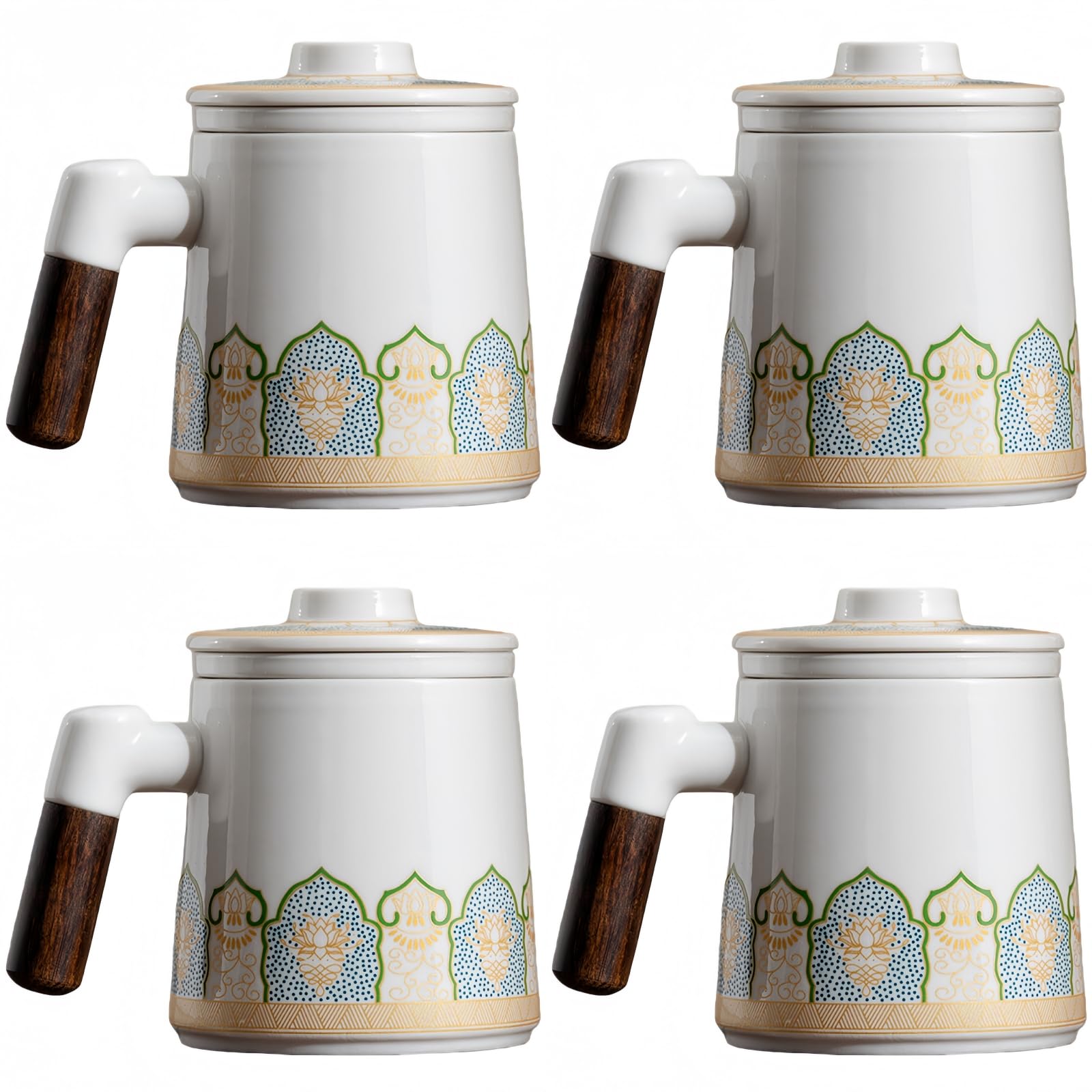 Teetasse mit Deckel & Sieb 400ml, Keramik Becher mit Holzgriff & Porzellanfilter für Büro, Haushalt oder Geschenk (Elfenbein - 4 Stück)