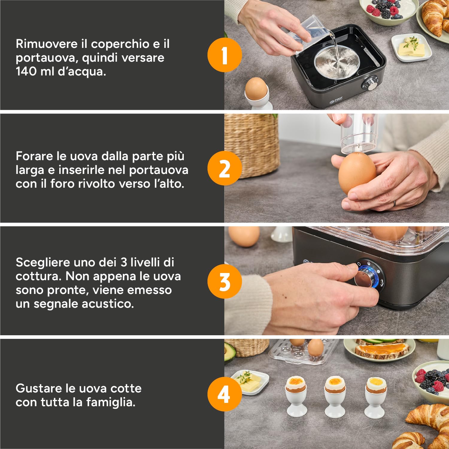 TZS First Austria Cuociuova Elettrico Grigio - 8 Uova, 4 Livelli Cottura, Funzione Vapore, Spegnimento Automatico, Segnale Acustico, Misurino e Stampi, Compatto e Leggero
