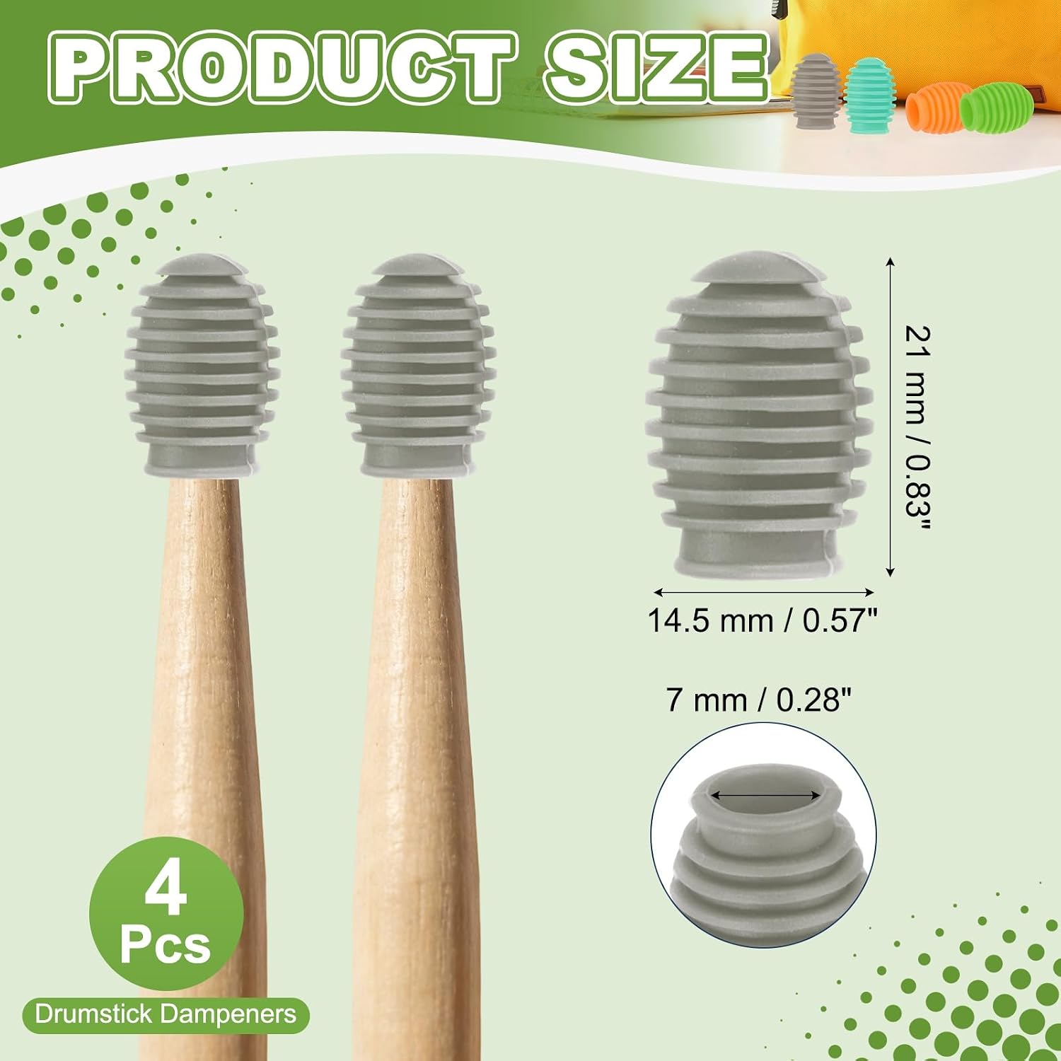 MECCANIXITY 4 Pcs Drumstick Dampeners, Silicone Grid Drumstick Mute Tips Drum Accessory Sticks Percussion Tips for Silent Drumming Practice Fits 5A Drum Sticks, Gray