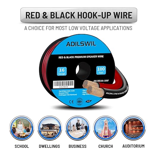 Miniatura 5 de Cable de altavoz de 16 AWG de 100 pies, 2 conductores eléctricos de conexión de cable rojo negro, tiras de iluminación LED, cable de extensión de