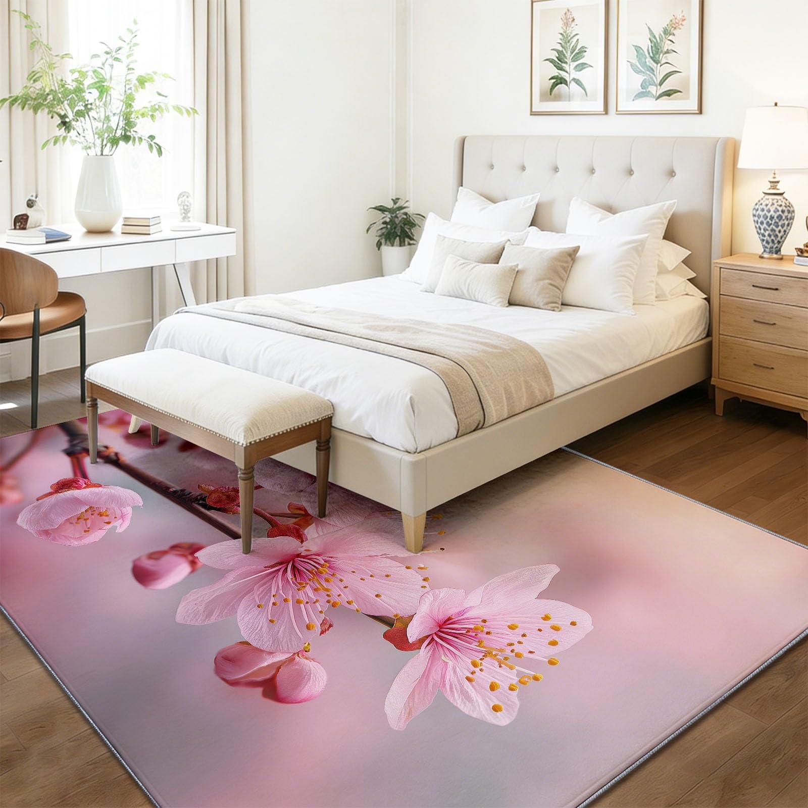 Dywan można prać w pralce, przy wejściu, 160 x 230 cm, akwarelowy styl, gałęzie sakury, dywan antypoślizgowy, różowy biały niski runo, nie gubi włosia, do dekoracji herbaciarni Zen Serenity, wiosenny