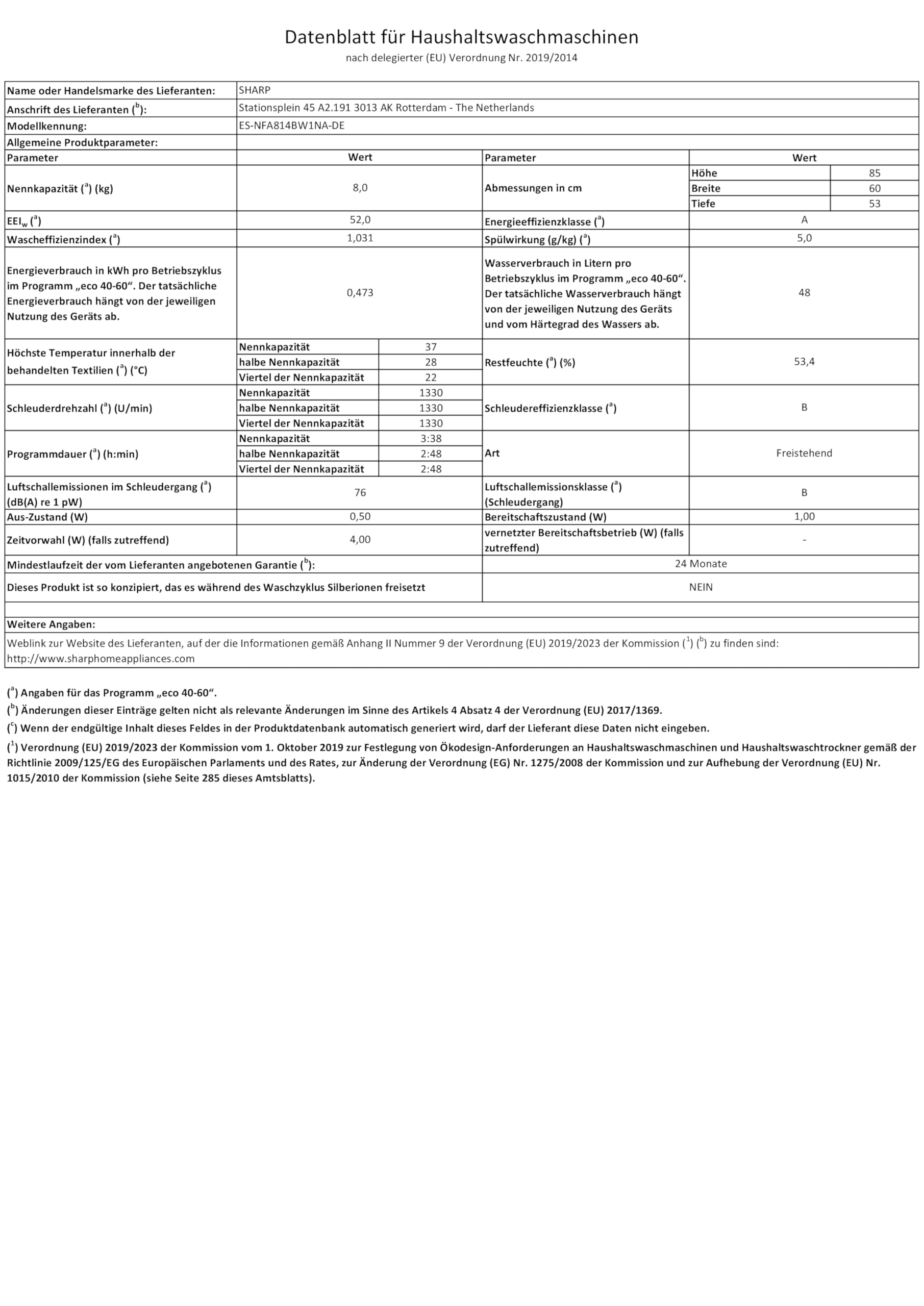 SHARP ES-NFA814BW1NA-DE Waschmaschine (8 kg, EEK A, 1400 U/min.), (Inverter Motor, AquaStop), Weiß
