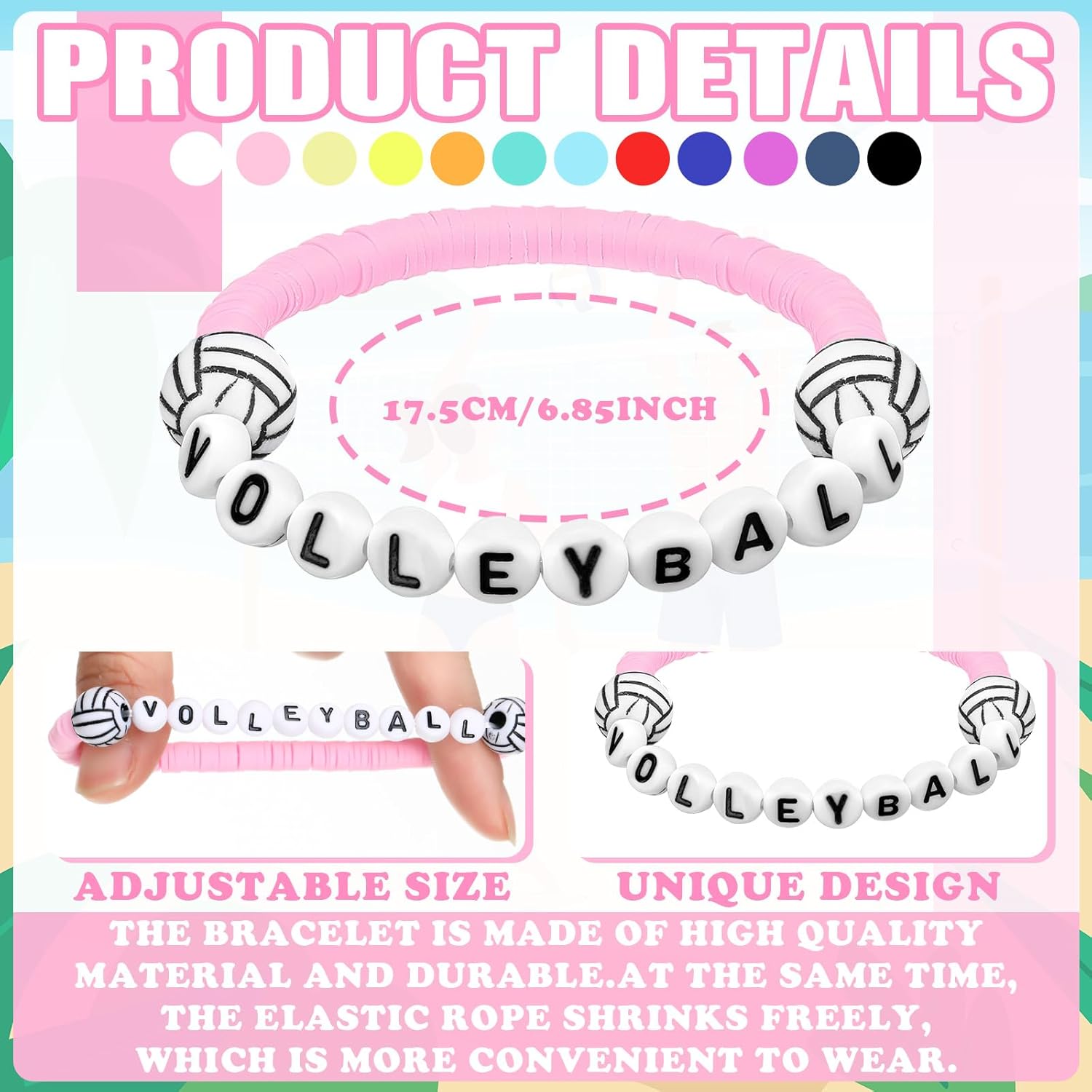 Trnay 24 Pcs Volleyball Bracelets Valentines Day Gifts Sport Party Favors Charm Volleyball Bracelet Stackable Clay Beaded Bracelets for Senior Night Gifts Team Party Decor - Image 2