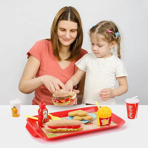 Miniatura 4 de Juego de comida de juego de simulación para niños, juego de comida rápida extraíble con bandeja, combo de hamburguesas, papas fritas, accesorios