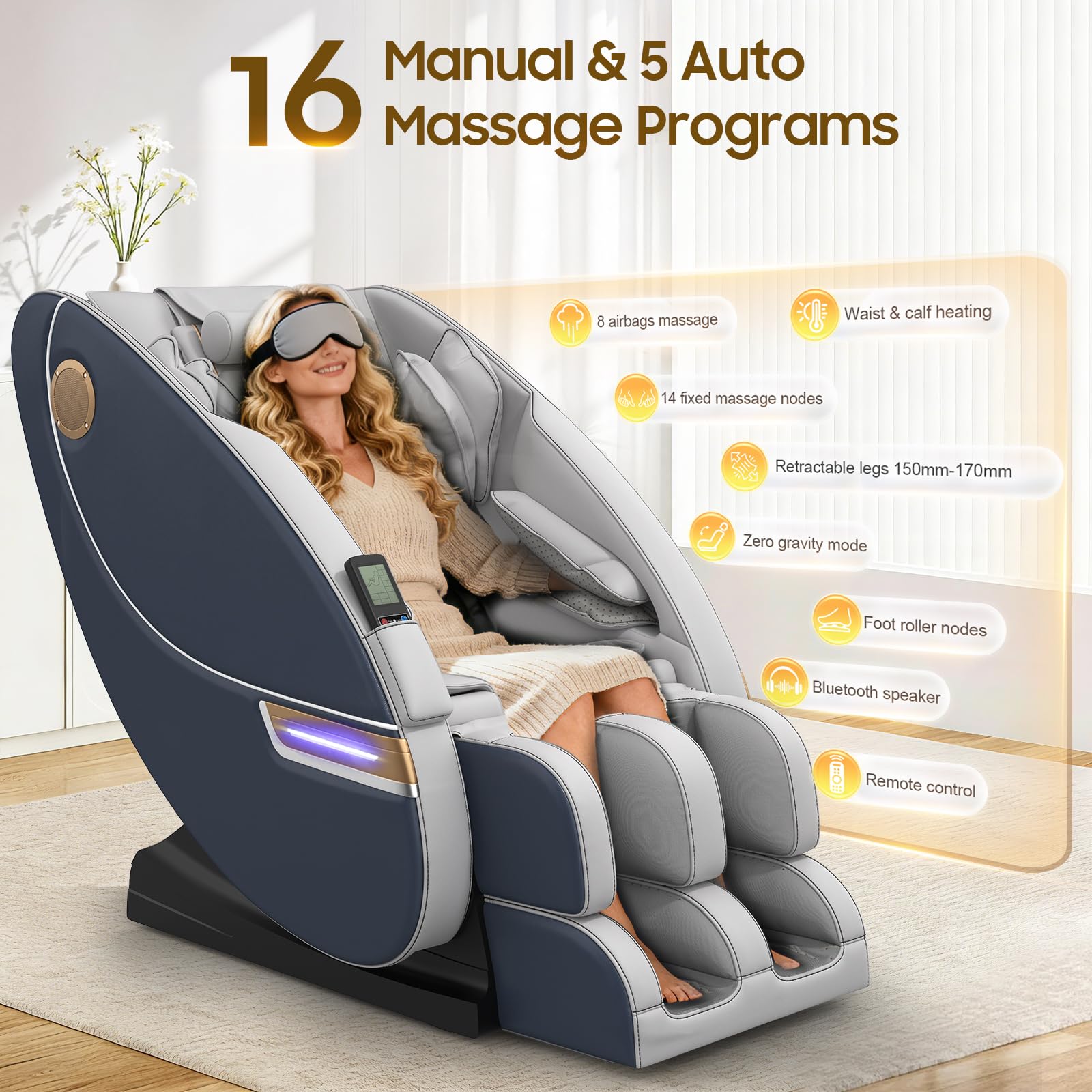 Poltrona massaggiante per tutto il corpo, con 14 punti massaggianti e 8 airbag, riscaldamento lombare e delle gambe, massaggio plantare con rulli, altoparlante Bluetooth, poltrone massaggiant