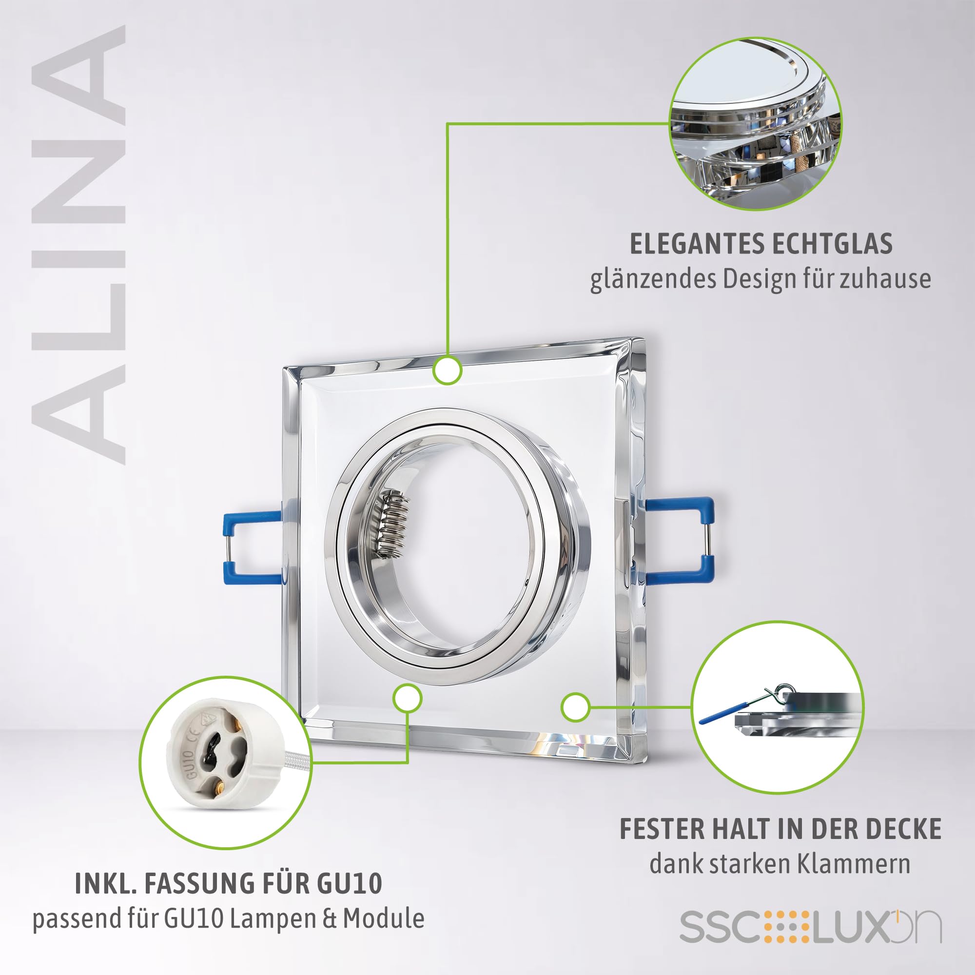 SSC-LUXon ALINA 6 Stück Einbaustrahler Rahmen Glas eckig spiegelnd Fassung für GU10 & Modul - Decken Einbauleuchte Lochmaß 60-70mm