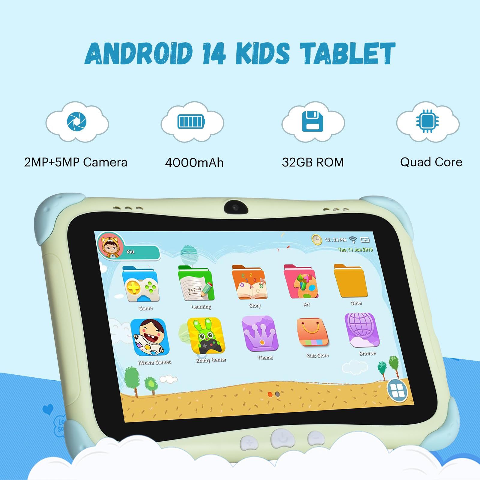 BWJBSW 8 Inch Kids Tablet with Android 14, 3GB RAM, 32GB ROM, Wi