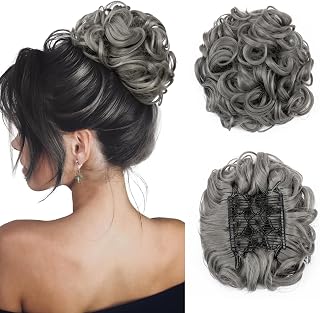 Benehair Messy Bun Hair Piece with Combs Clip in Bun Scrunchie Juva Bun Dish Fluffy Wavy Hair Updo Easy Stretch Big Chignon Short Ponytail Hairpiece for Women Gray 90g