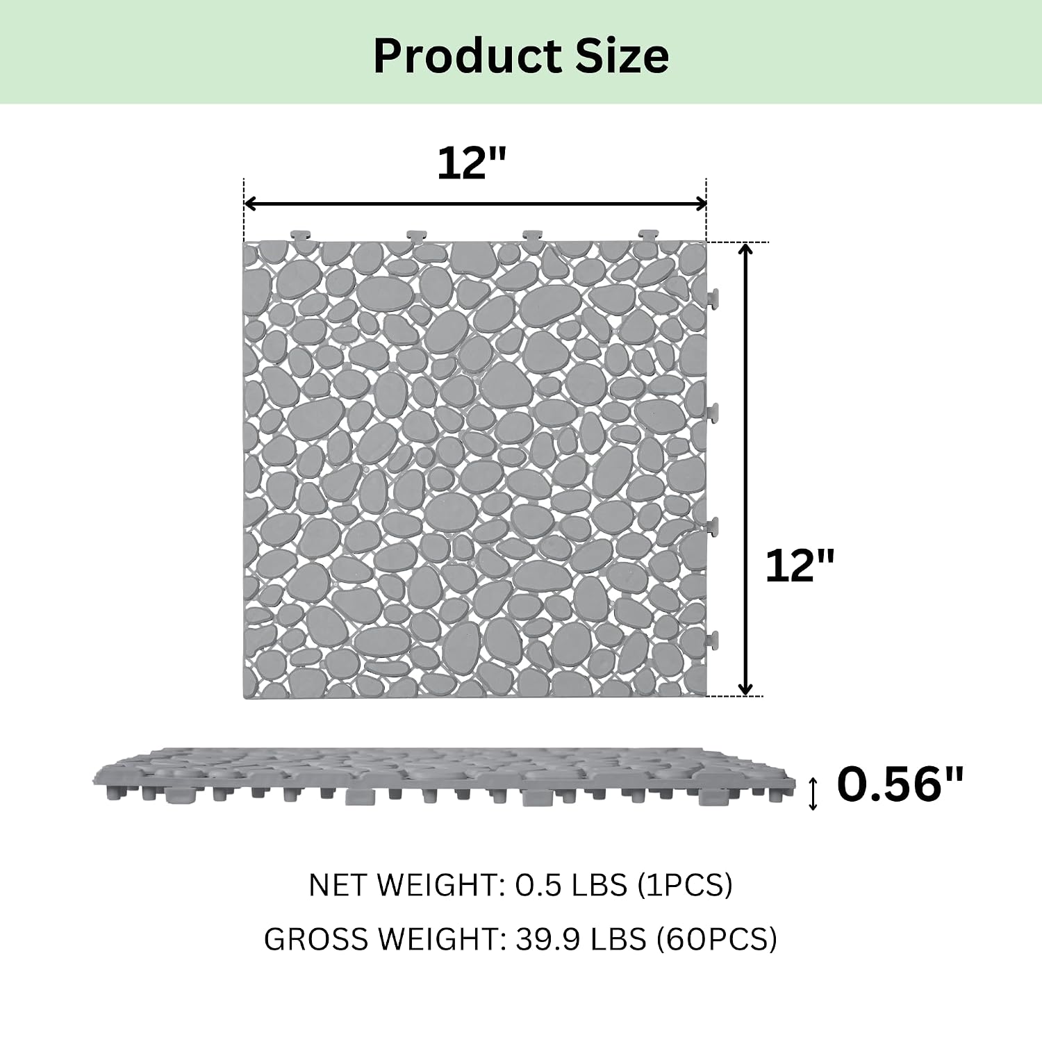 60 Pcs Plastic Interlocking Deck Tiles, 12" x 12" Outdoor Interlocking Tiles for Patio, Porch, and Balcony, Waterproof Plastic, Pebble Stone Pattern, Grey