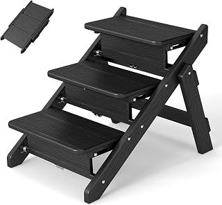 GREENVINES Dog-Stairs & Steps | HDPE Plastic | Wood Grain | 2-in-1 Foldable Pet Ramp | for Small Medium Dogs Cats | for Bed Couch Car Outdoor | No Assembly | Up to 150 lbs | 3-Step Ladder | Black