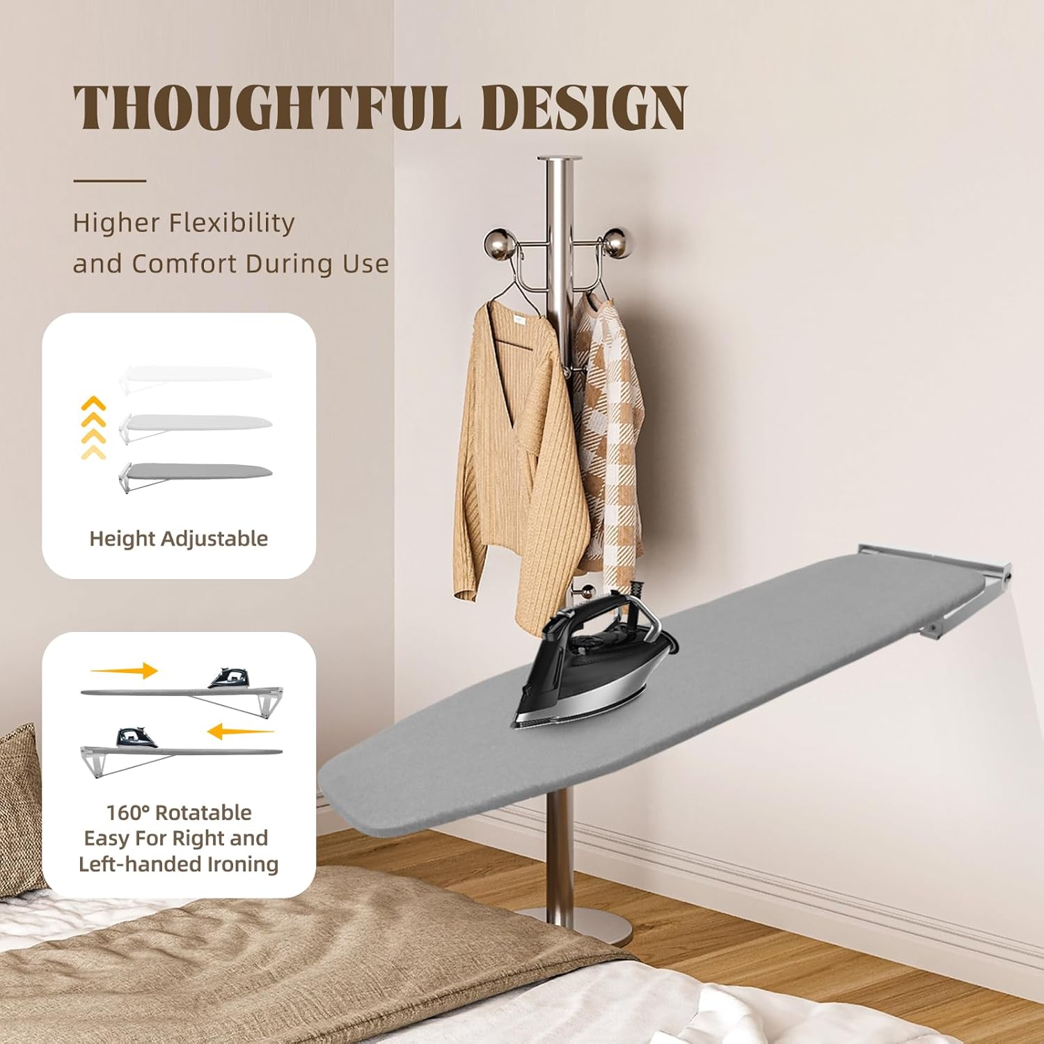 Wall Mounted Ironing Board, 39.4 x 13 Inch Grey Fold Away Iron Board Wall Mount Space-Saving Ironing Board with Removable Heat Resistant Cover for Small Spaces, Laundry Room, Bedroom