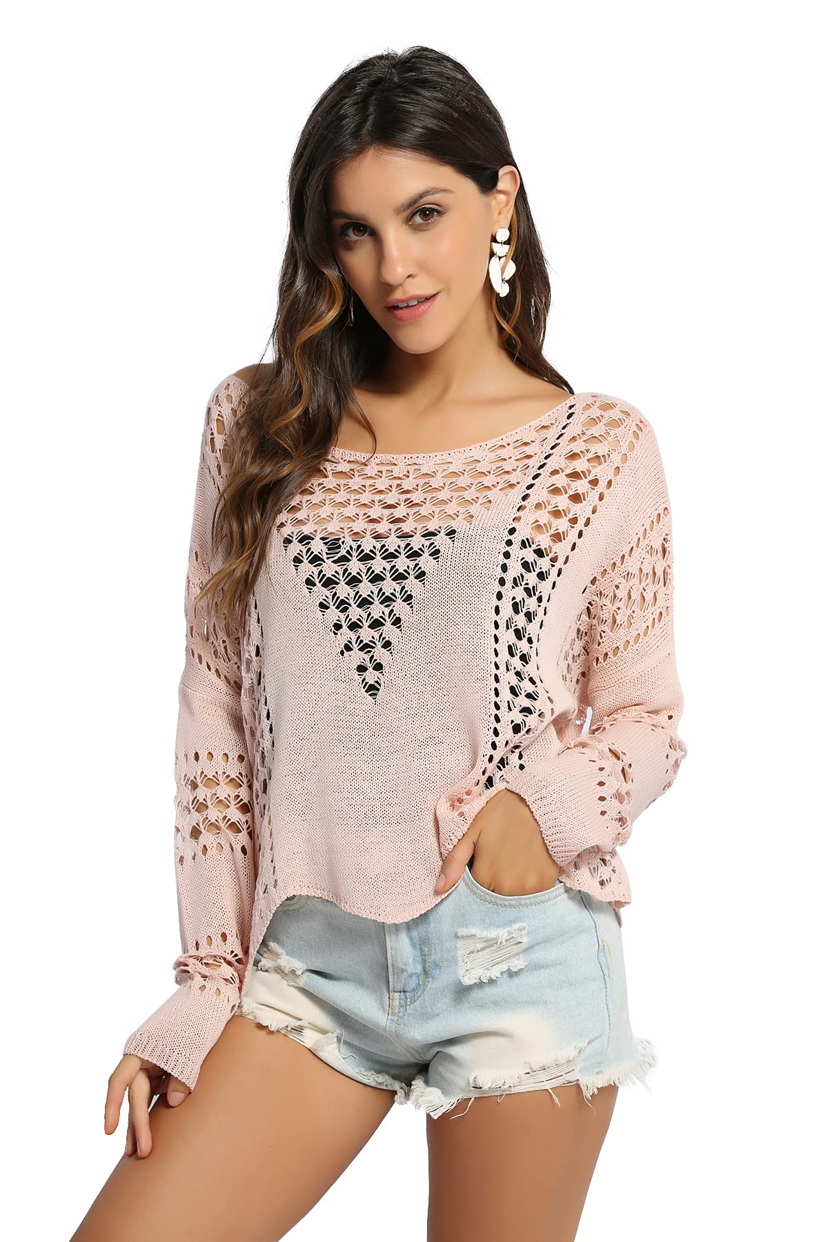 Women's Loose Flower Sweater Long Batwing Sleeve V Neck Knitted Pullover Tops