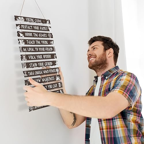 Vista 12 de Thinkday Decoración vikinga, letrero nórdico, código vikingo, decoración de pared, runa nórdica pagana de madera, valknut nórdico medieval vegvisir