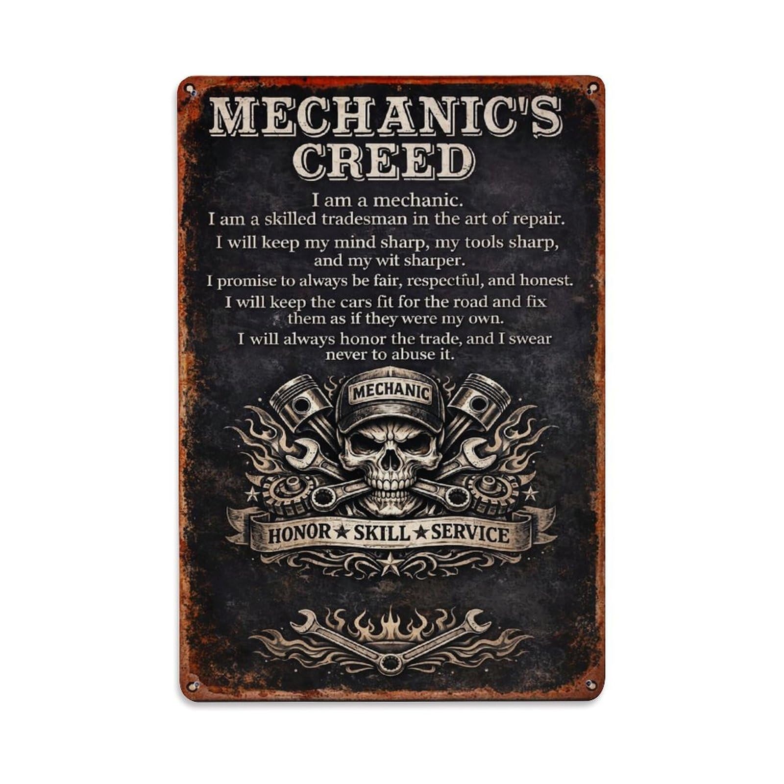 Mechanic Skull Wrenches Flames Gear Retro Metal Tin Sign, Vintage Decor Art Poster for Bar, Home, Man Cave, Kitchen, Laundry Room Gift 8x12Inch