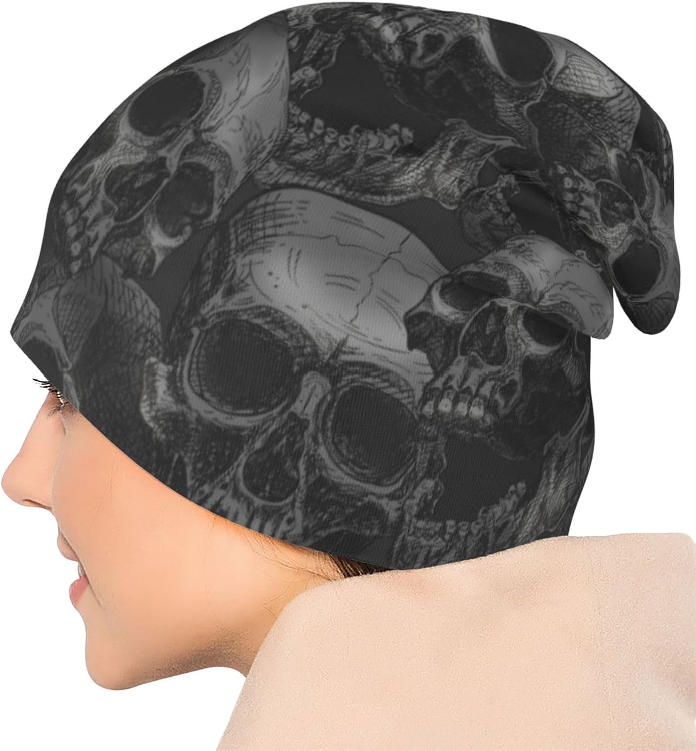 Skull Beanie for Women Men, Warm Stretch Knitted Beanies Hat Lightweight Casual Slouchy Cap Cancer Headwear - Image 6