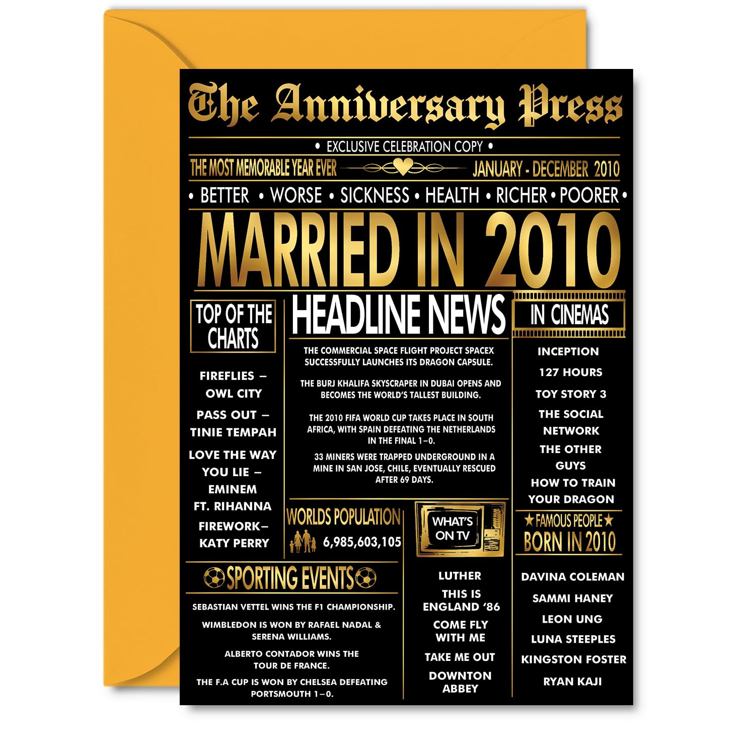 Gold 16th Anniversary Card for Men Women - Golden Newspaper Married in 2010-16 Year Wedding Anniversary Card for Partner Wife Companion Husband, A5 Anniversaries Greeting Cards