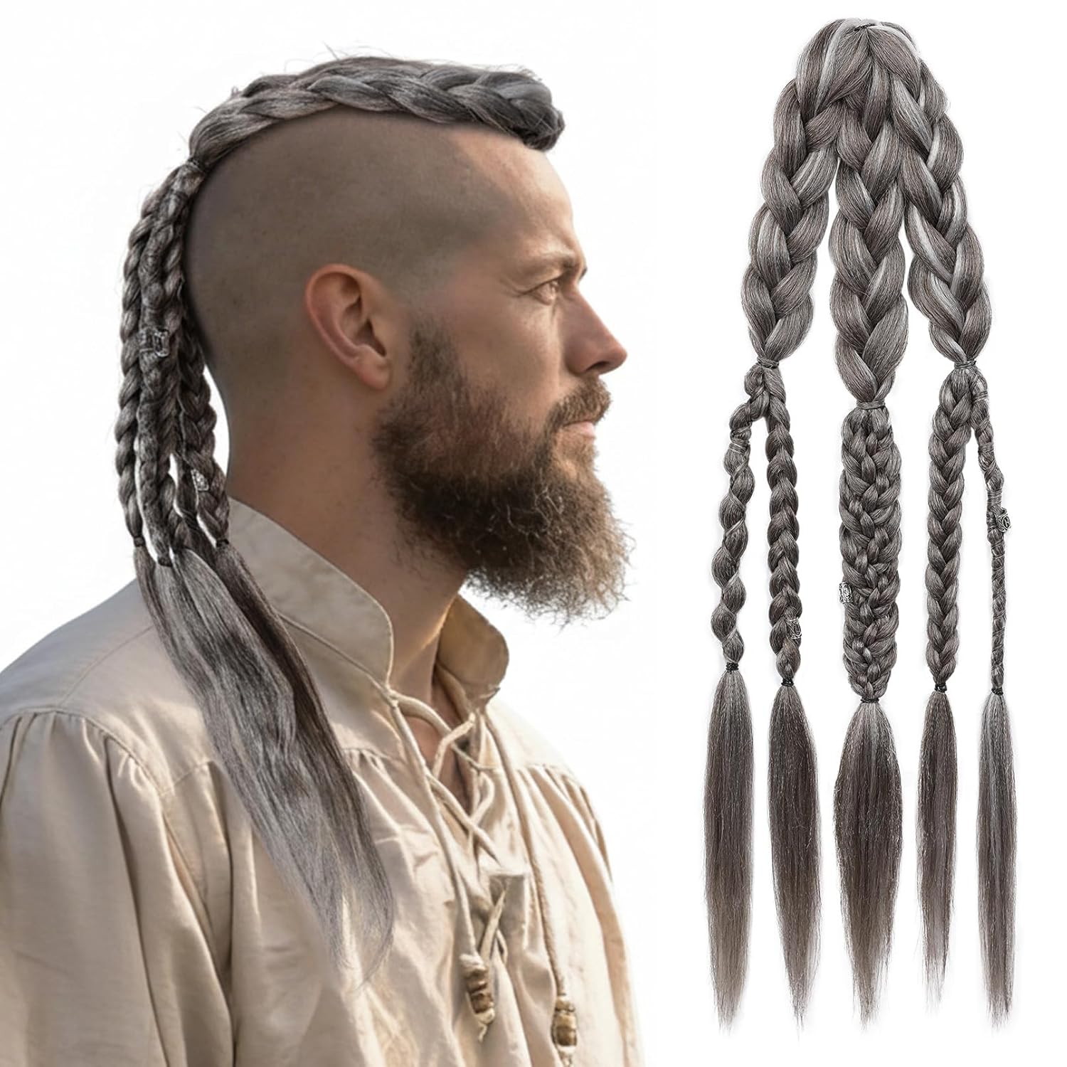 NTYNTY Viking Hair Extensions for Men – 24" Handcrafted Clip In Braided Ponytail Hairpiece for Halloween Viking Costume Renaissance Warrior Accessories - Silver Gray