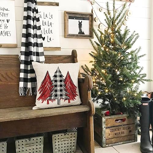 Miniatura 9 de Juego de 4 fundas de almohada de Navidad de 18 x 18 pulgadas para decoraciones de Navidad, diseño de búfalo a cuadros, árbol de Navidad, alegría,