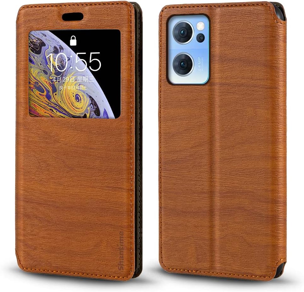 Viewable Window Leather Flip Case Compatible with OPPO Reno 7 5G China, Elegant Design Clear Display Invisible Magnetic Cover and Card Slot(Brown)