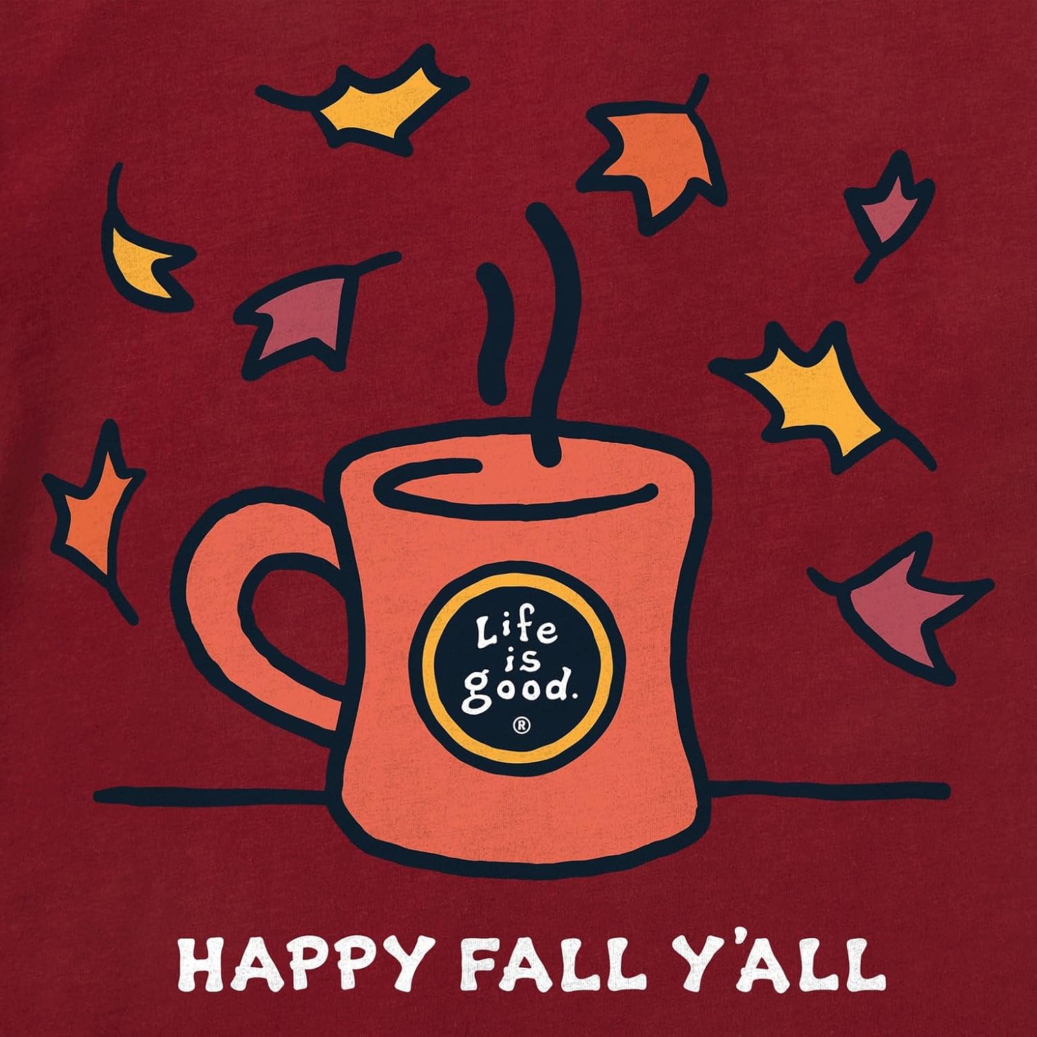 Life is Good. Women's Happy Fall Y'all Mug Long Sleeve Crusher Tee, Adirondack Red