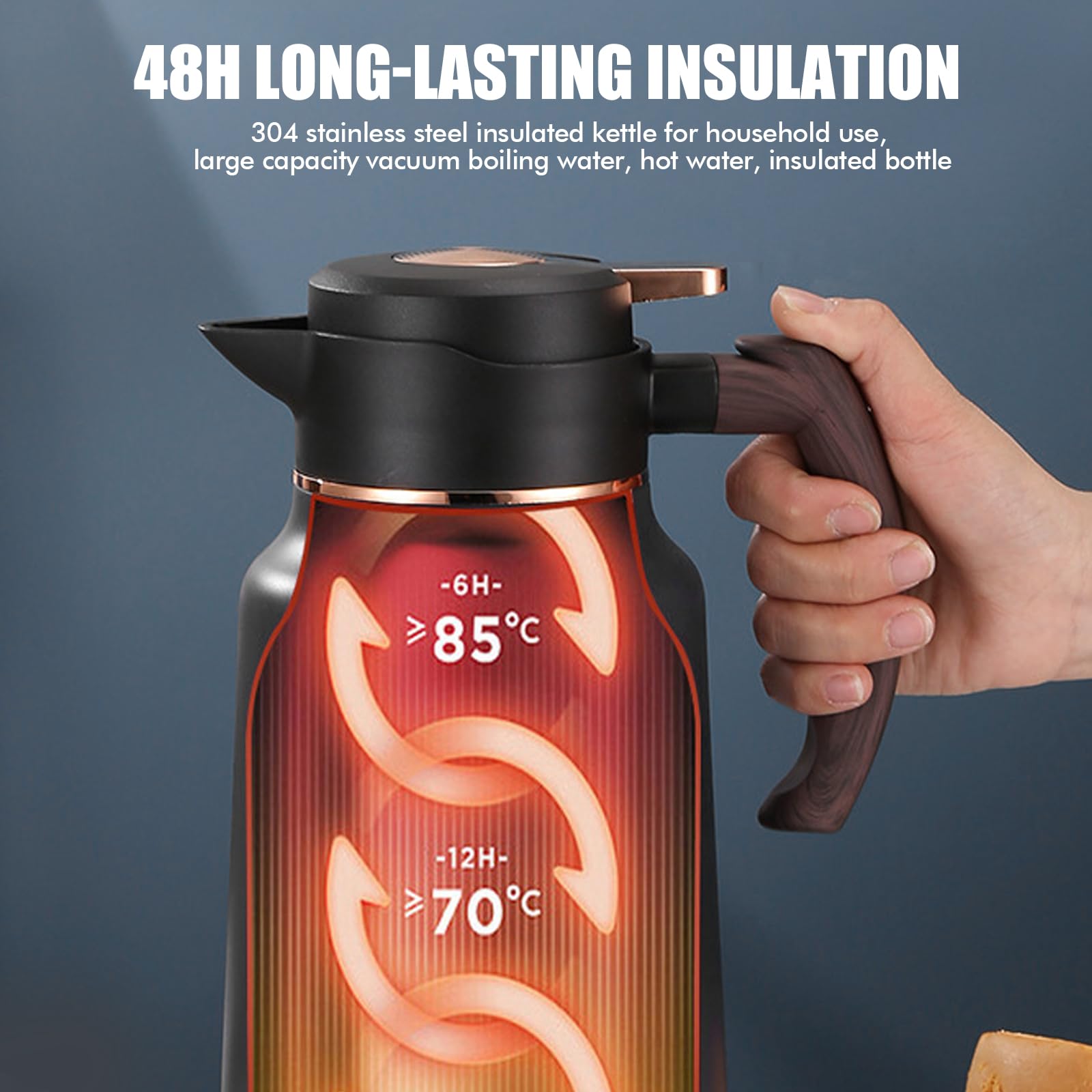 Cafetière de 2 l pour garder au chaud : cafetière isotherme en acier inoxydable 304 avec poignée en bois, conservation de la chaleur longue durée, cafetière isolée sous vide pour café et thé