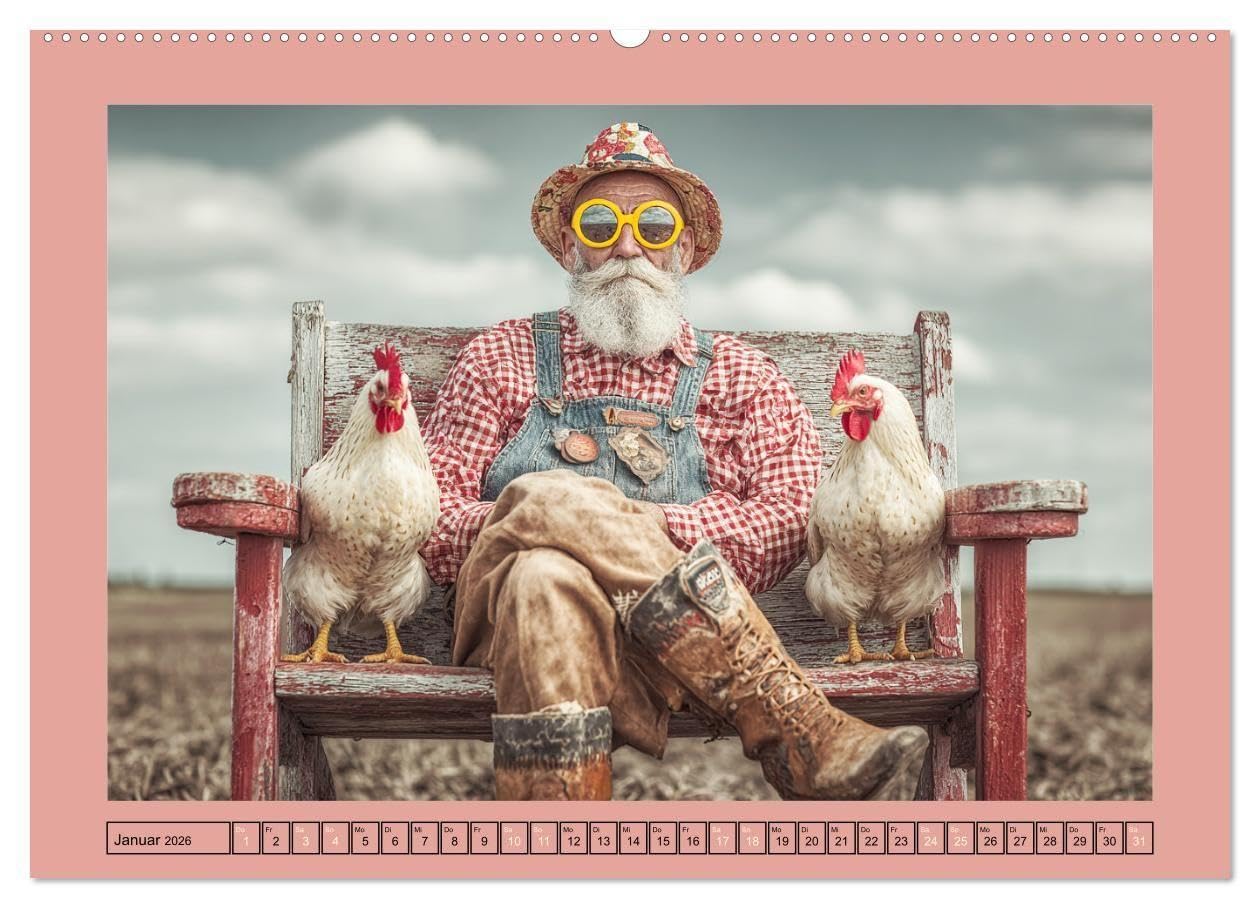 Die Hühnerhelden. Witz und Charme mit Männern, die Eier haben (hochwertiger Premium Wandkalender 2026 DIN A2 quer), Kunstdruck in Hochglanz: Die ... Männern und ihren Hühnern (CALVENDO Menschen)