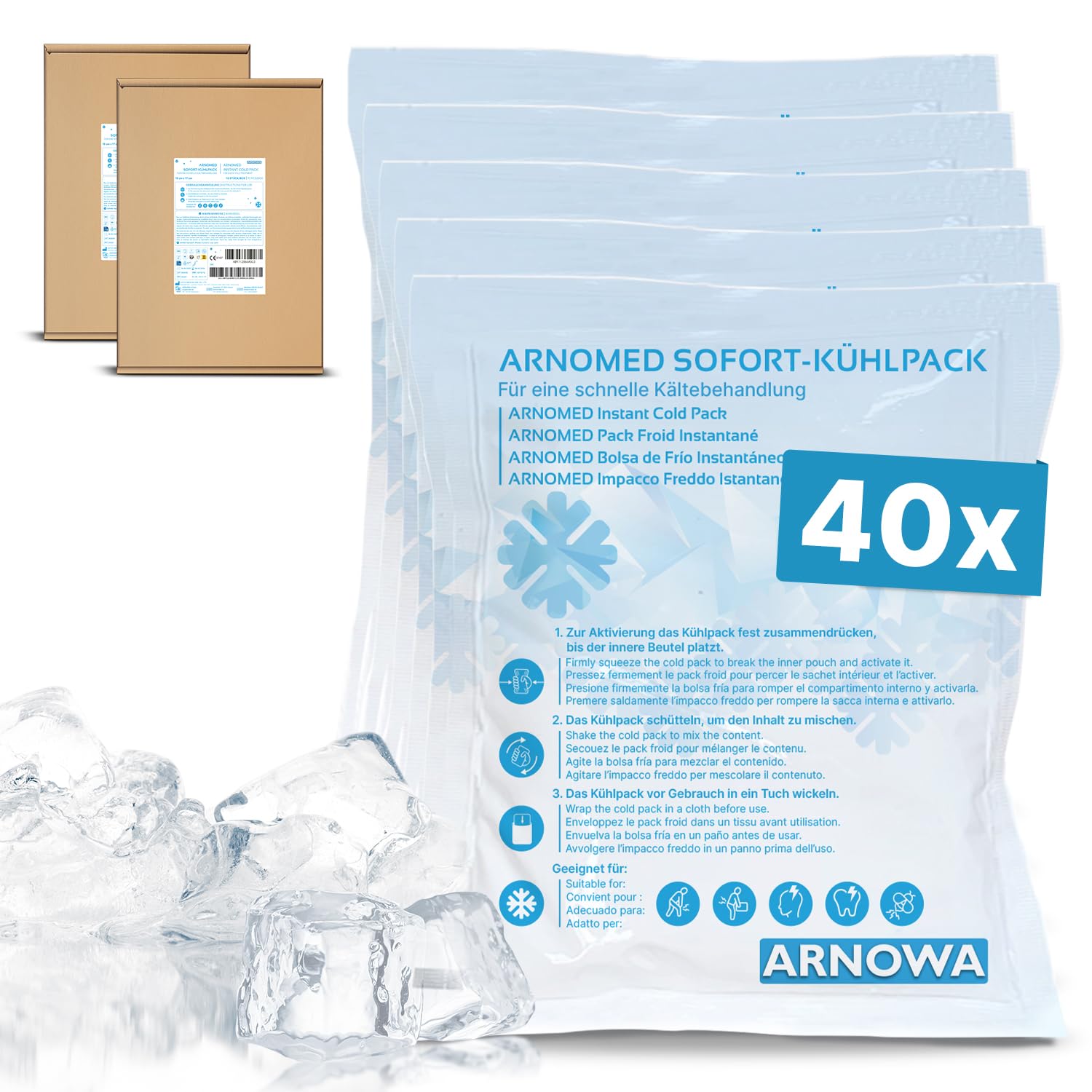 ARNOMED® Einweg Sofort Kühlpads, Direkt Kühlpack zum Knicken, Instant Cold Packs für Schwellungen & Verletzungen, Einweg Kältekompressen für Sport & Erste Hilfe, Coolpack