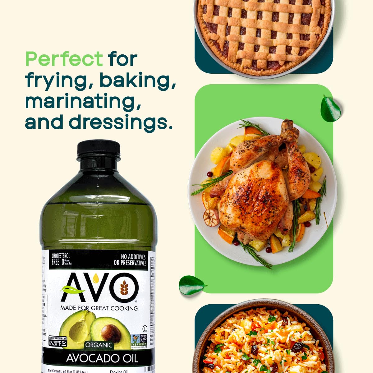 AVO ORGANIC AVOCADO Oil Frying, Baking, Non-stick Sautéing, Salads, Vinaigrette, Marinades, Pan Coating, General Cooking 64 Fl-oz (Half a Gallon), NO preservatives added, Naturally Processed - Image 6
