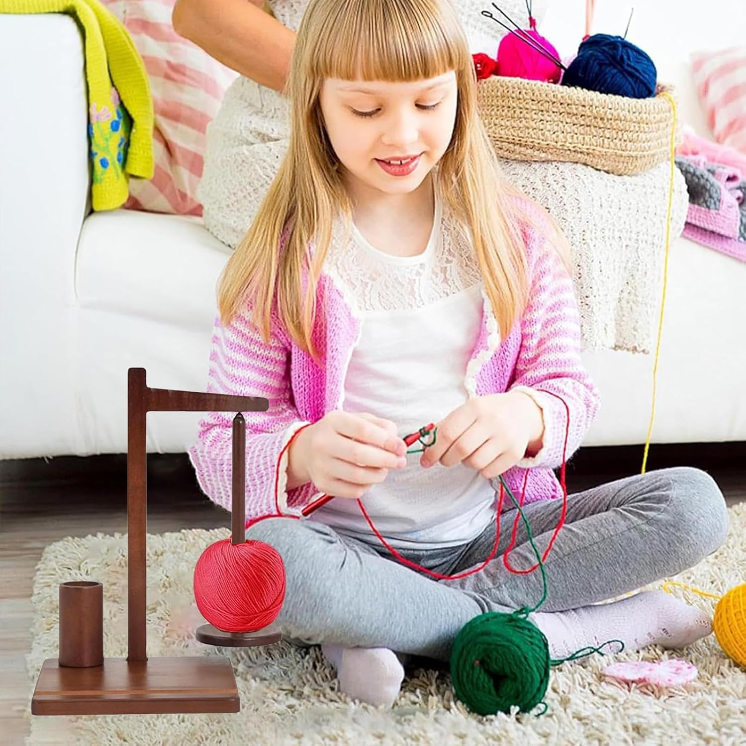 Yarn Holder, Wooden Ball Holder, Multifunctional Magnetic Wool Holder, Rotating Yarn Holder, Wooden Yarn Dispenser, with Stand, Suitable for Crochet Yarn and Knitting