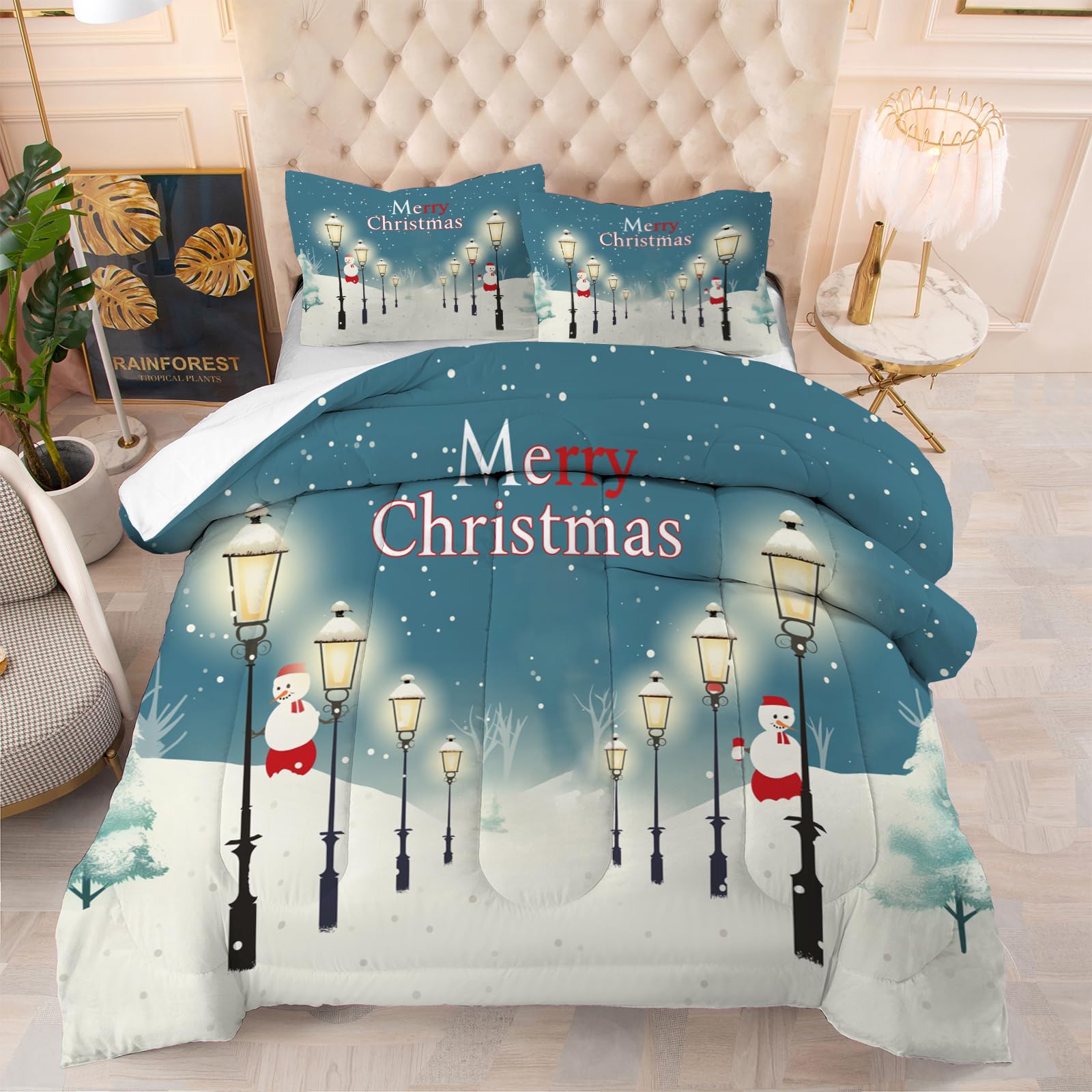 Coverless Duvet - Double - Christmas - Soft Touch Luxury Bedding - Machine Washable - Christmas Street Printed Down Alternative Bedding Comforter Sets for All Seasons 200x200cm