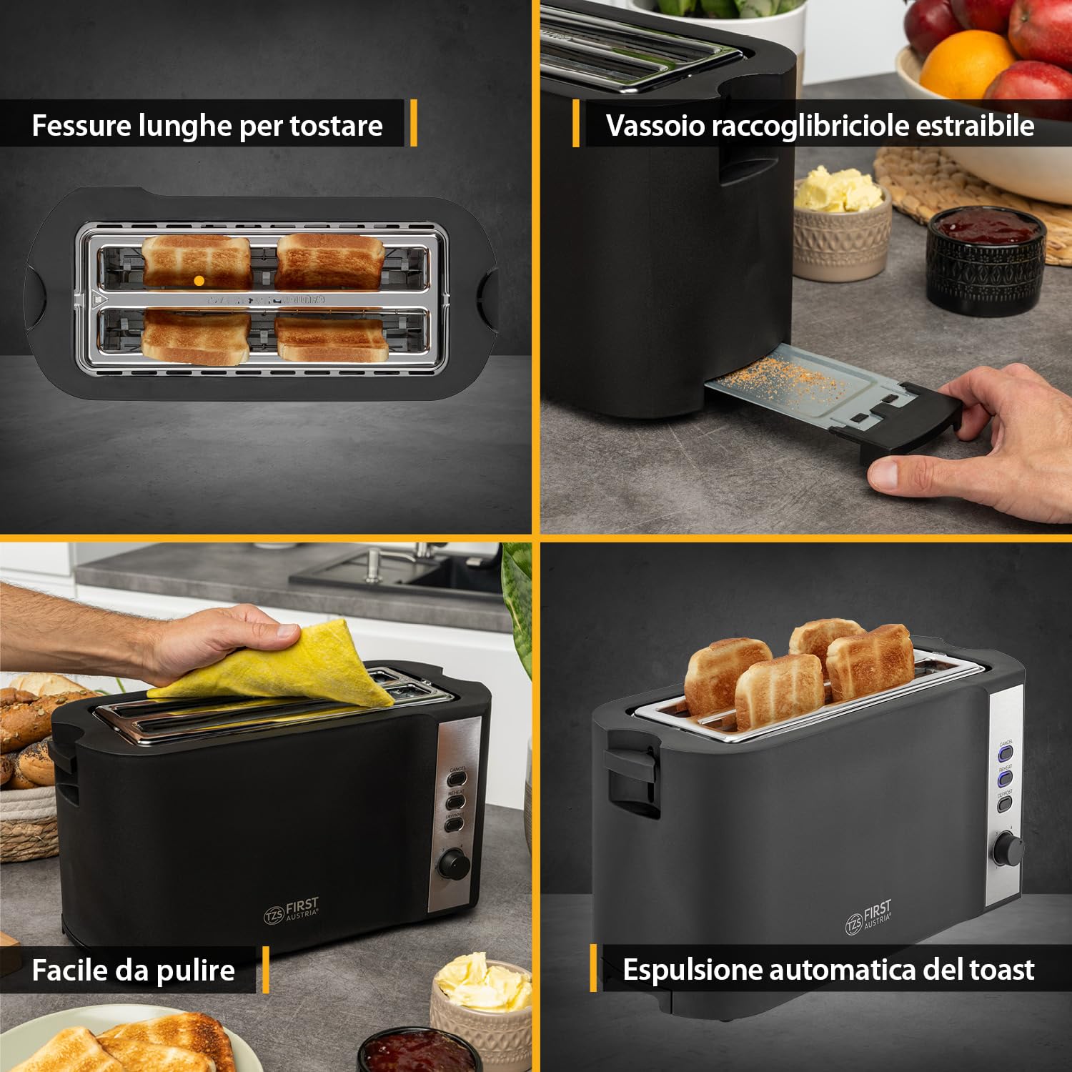 TZS First Austria – Tostapane in acciaio inox a fessura lunga 4 fette – con accessorio panini e vassoio raccogli-briciole – 6 livelli di doratura, funzione scongelamento, 1500W, nero opaco