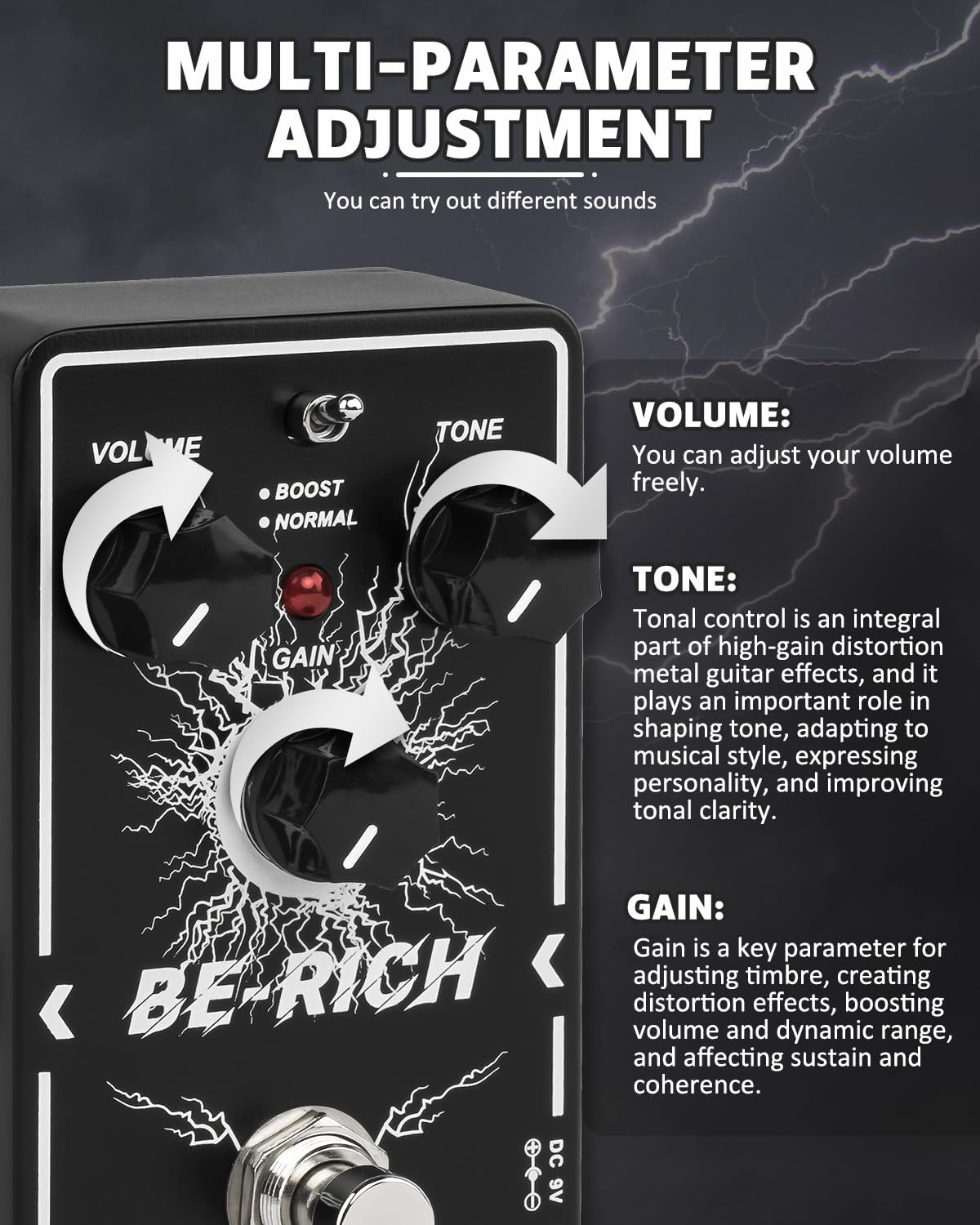 STRICH BE-RICH Tube Overdrive Distortion Pedal for Electric Guitar with 4 Way Daisy Chain Pedal Cables Guitar Pedal Power Supply Adapter (1000mA -1A) AC DC 9V