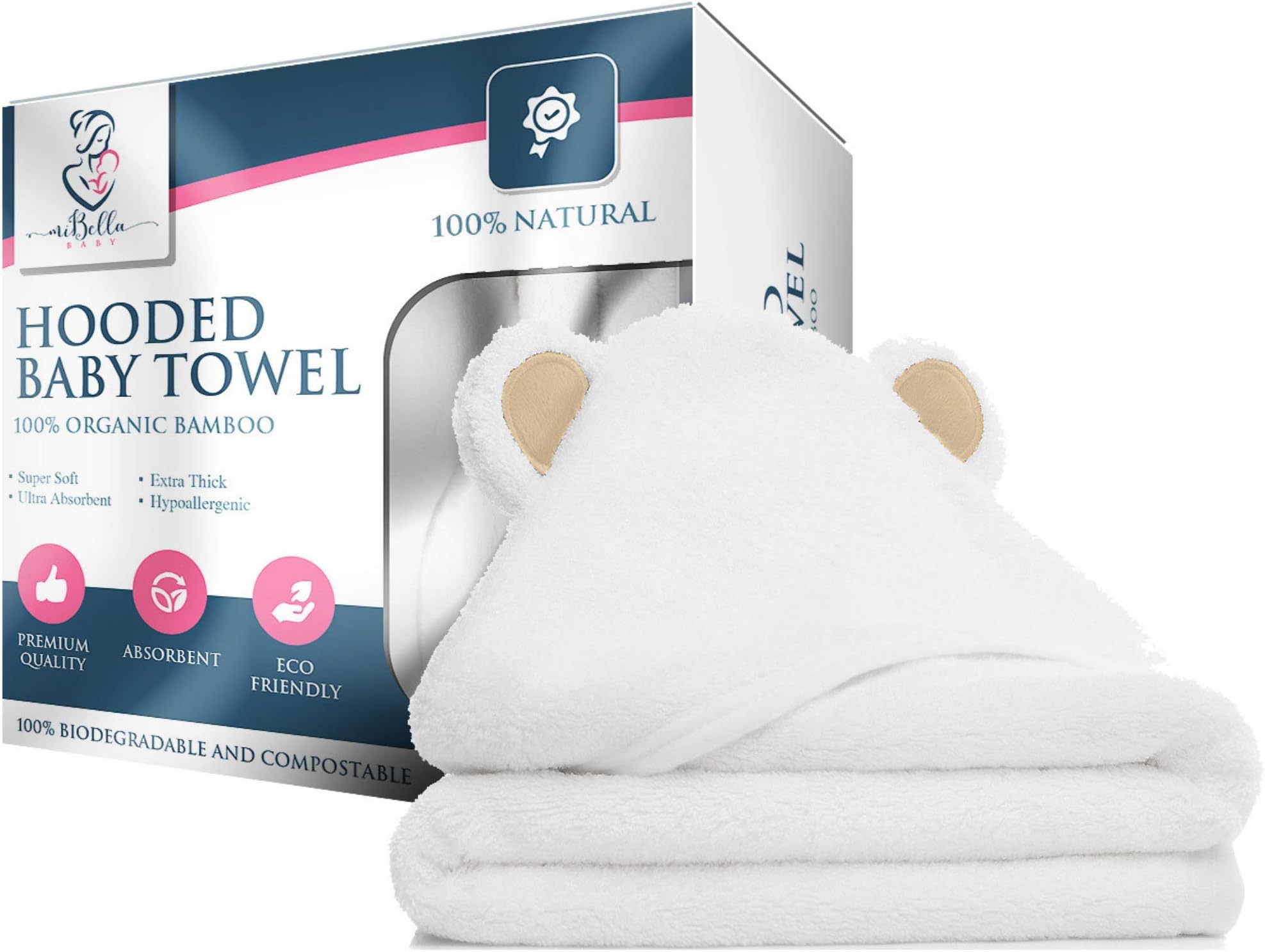 100% Bamboo Hooded Baby Towel By Mi Bella Baby- Natural, Hypoallergenic, Soft, Absorbent, Durable- Large White Bath Towels With Bear Ears For Newborn Essentials and Toddlers- Gender Neutral Baby Gifts
