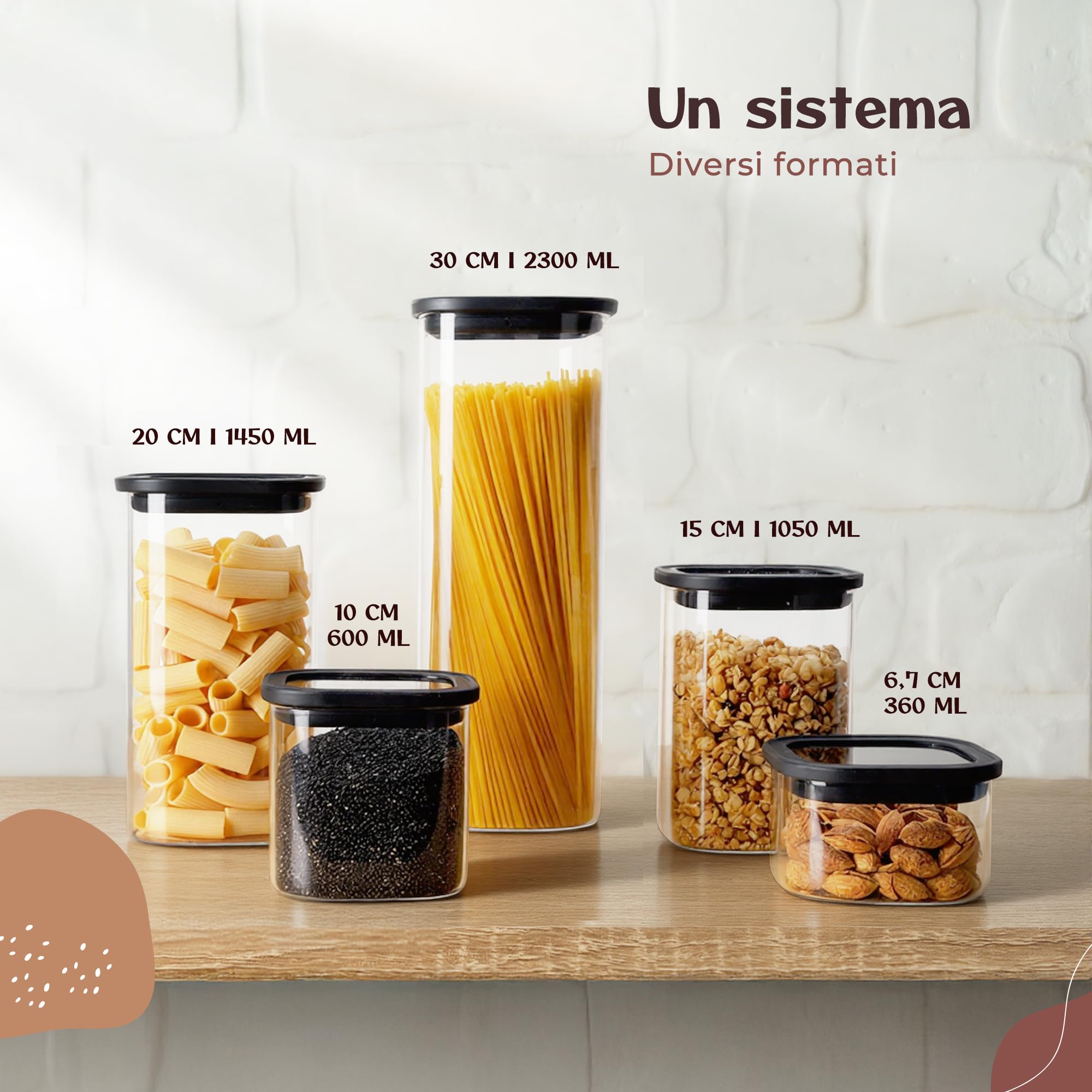 Barattoli in Vetro Ermetici con Coperchio (3 x 600 ml, 3 x 1050 ml) – Contenitori Cucina in Vetro Borosilicato con Coperchio Nero | Barattoli Dispensa per Farina, Riso, Muesli, Pasta