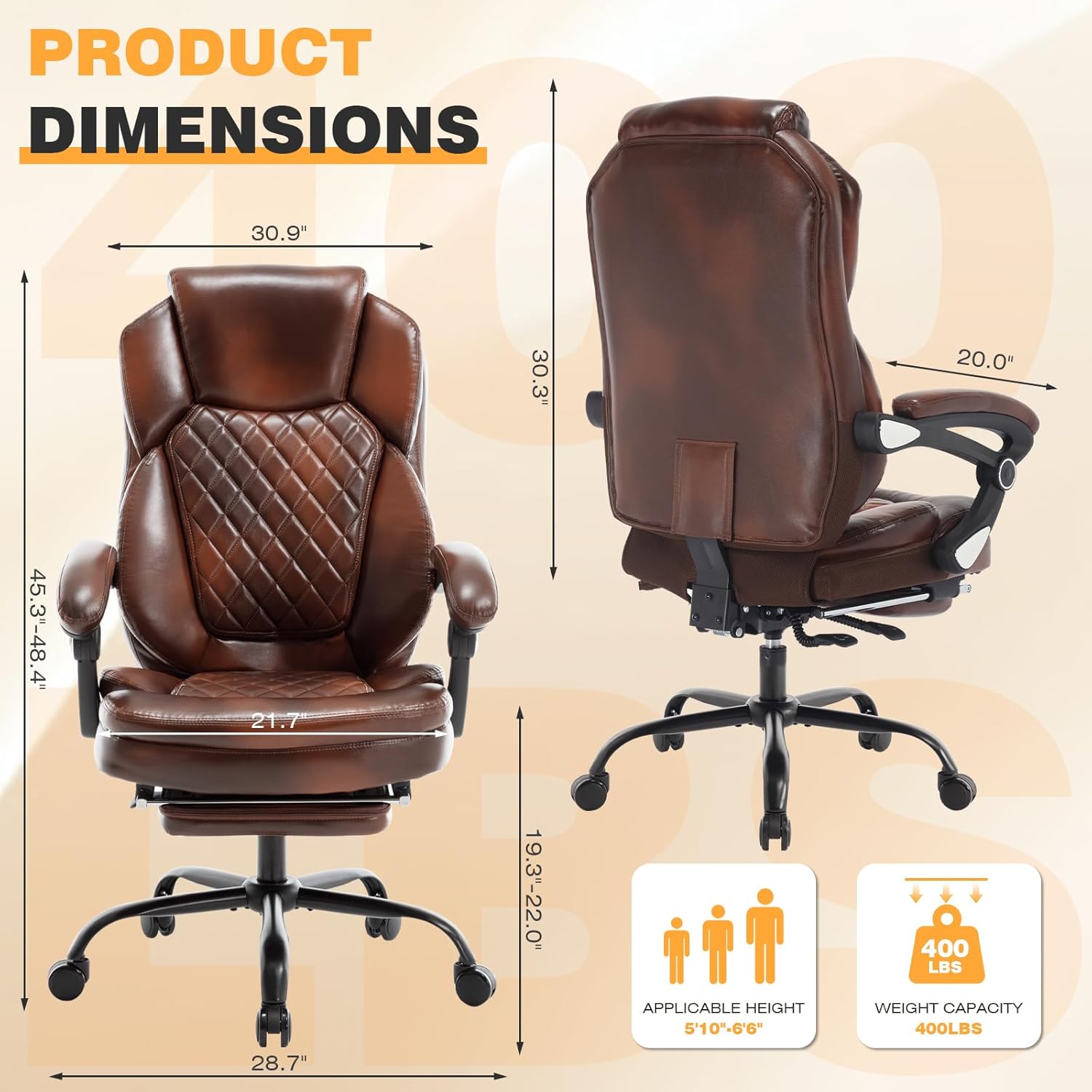 400lbs Reclining Office Desk Chair with Footrest, Plus Size Comfortable Big Tall Brown Leather Recliner Office Chairs for Heavy People