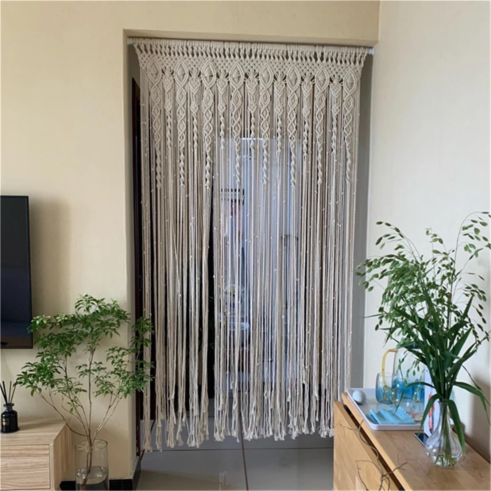 Rideau en Macramé Grand Rideau de Porte en Coton macramé tissé à la Main avec Pompons, Tapisserie Murale, décoration Artistique, Toile de Fond de Mariage pour La Chambre à Coucher