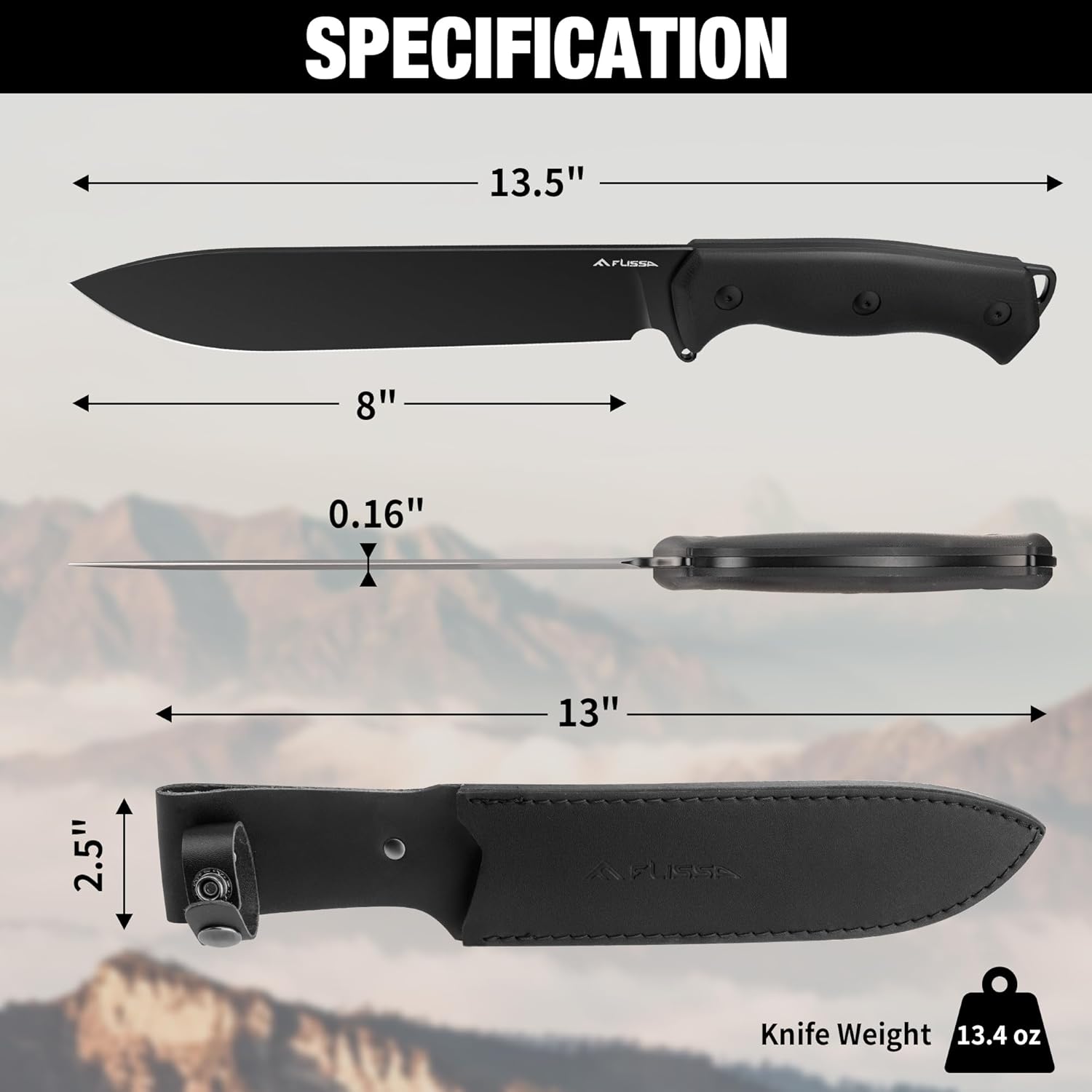 FLISSA 13.5-Inch Fixed Blade Knife with Leather Sheath, 14C28N Steel Full Tang Blade, G10 Handle for EDC Outdoor Hiking, Camping, Hunting, Survival, Gift for Men Women
