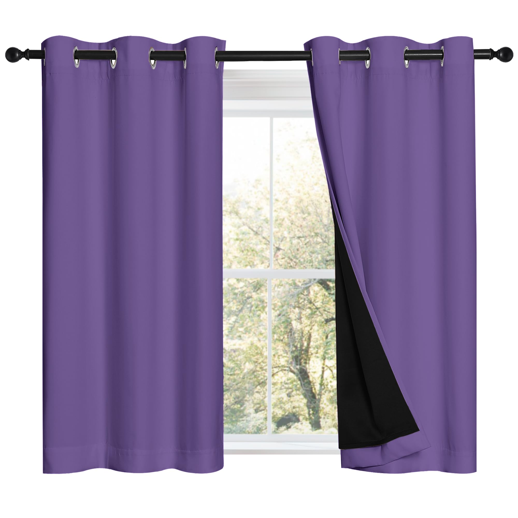 NICETOWN 100% Blackout Short Curtains with Black Liners, 2 Panels, 37"W by 40"L, Lilac Purple, Solid Thermal Insulated Full Blackout 2-Layer Lined Drapes, Energy Efficiency Window Drapes for Bedroom