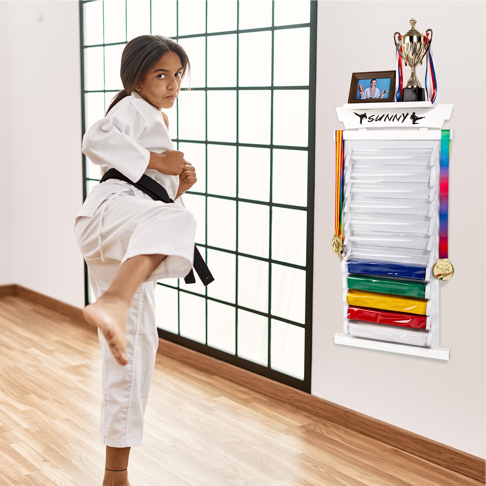 Tilhumt 12 Belts Karate Belt Display Rack with Sticker, Felt Martial Arts Belts Display Holder with Dust Cover, Easily Insert and Remove Belt, Taekwondo Belt Organizer for Kids and Adults, White