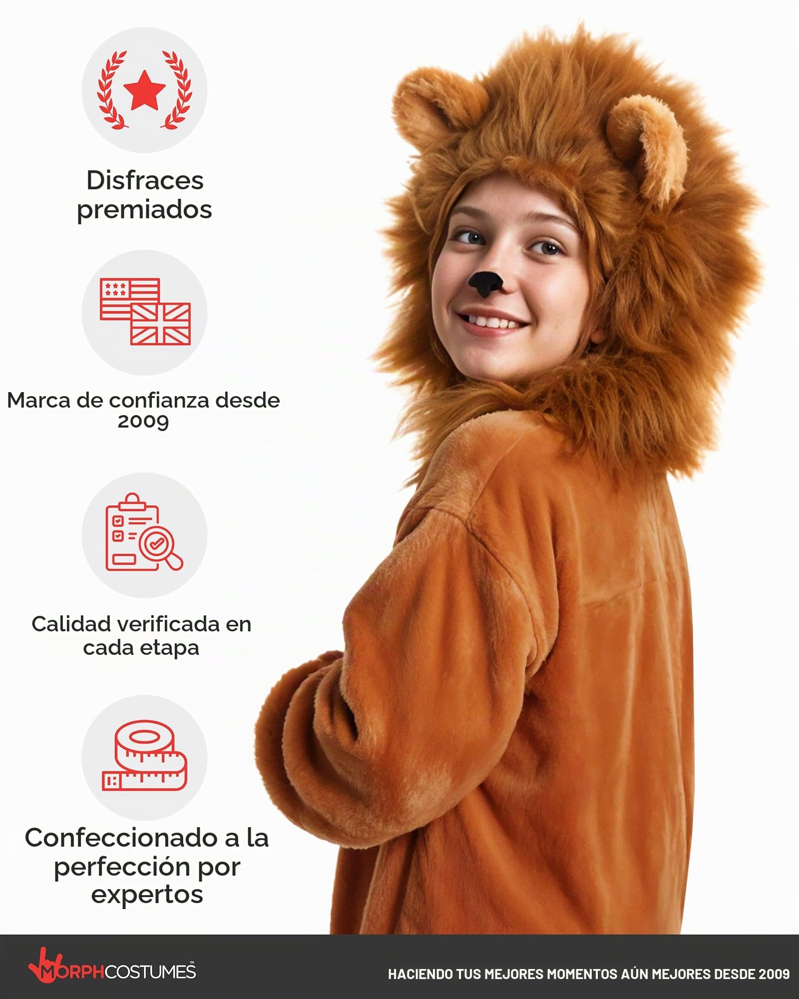 Morph Disfraz León Infantil Mono Suave Capucha Melena Orejas Cola Desmontable Animal Marrón Tallas T2 S M L XL