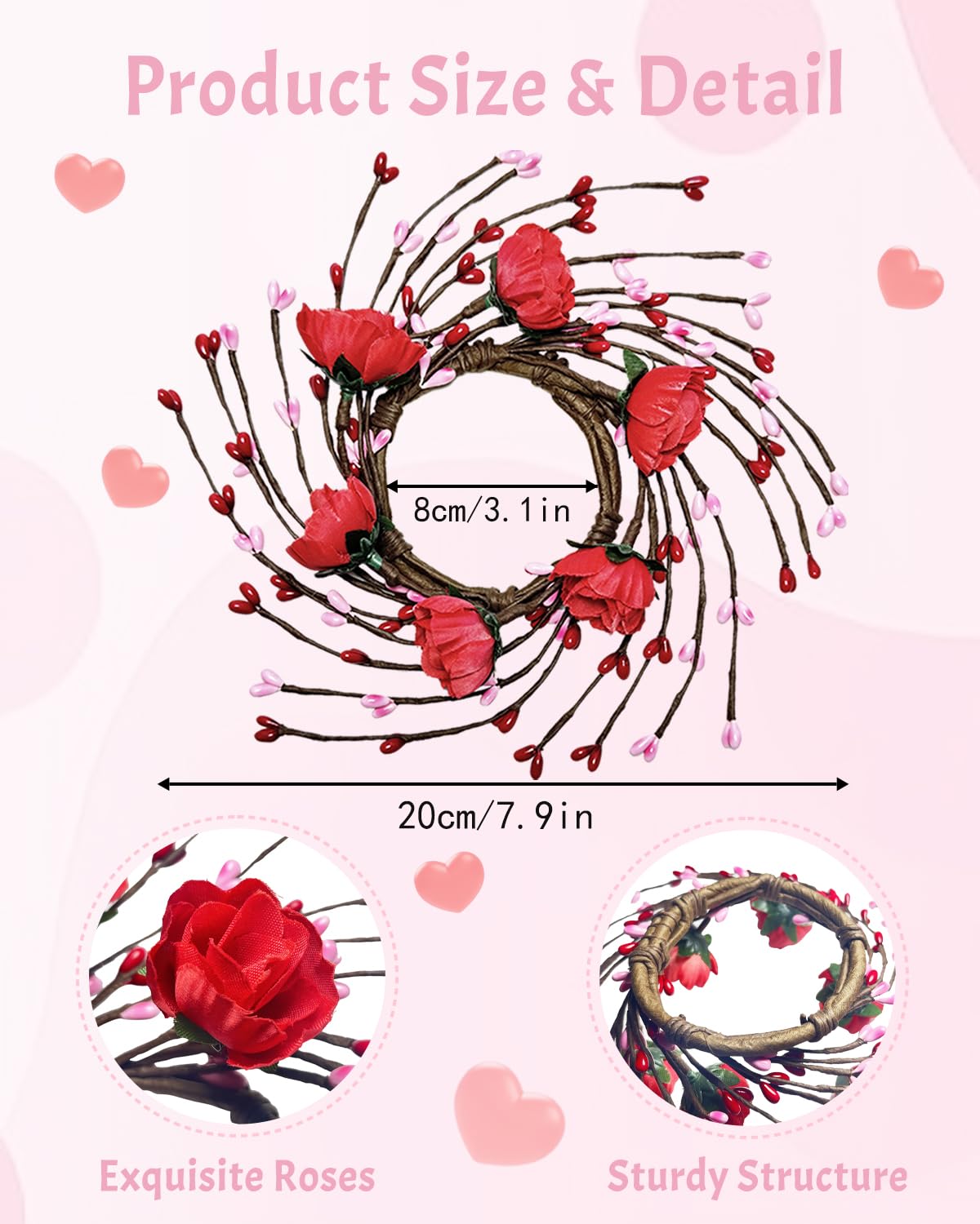 Yigney 4 Pcs Valentine’s Day Rose Candle Rings Artificial Flowers Wreaths with Berry Floral Valentine’s Day Decorations for Home Party Table Centerpiece