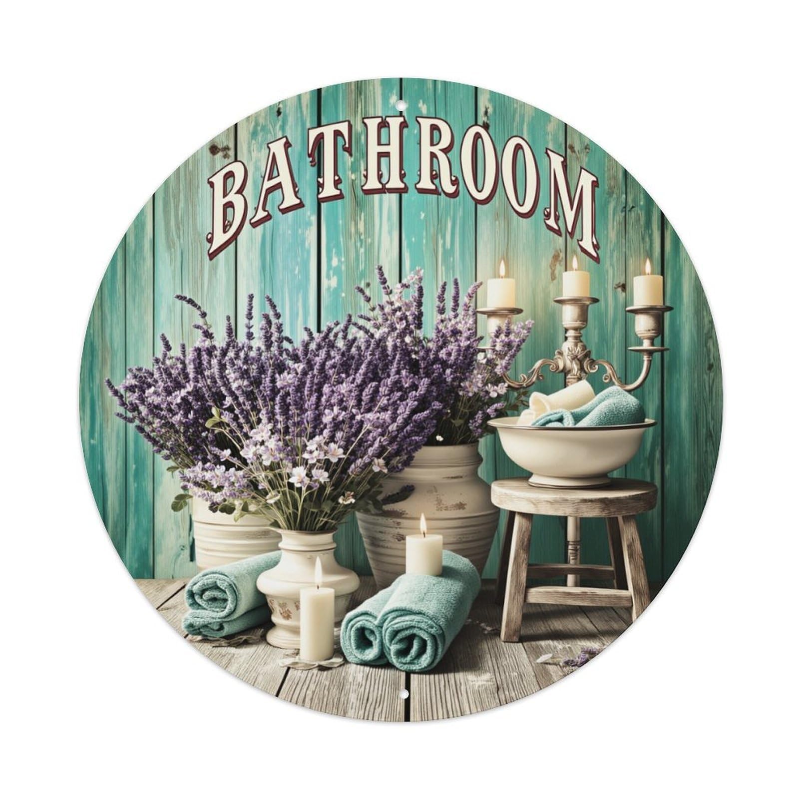 Bathroom Lavender Candles Towels Wood Round Tin Sign Vintage Metal Poster, Home Bar Garage Man Cave Cafe Indoor & Outdoor Wall Decoration 8x8Inches