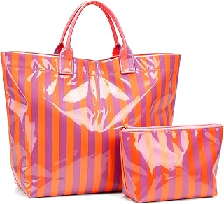 Valentoria Striped PVC Tote Bag for Women, Waterproof Tote Bag for Beach Pool Travel,Handbag and Makeup bag 2Pcs Set (Orange Red)