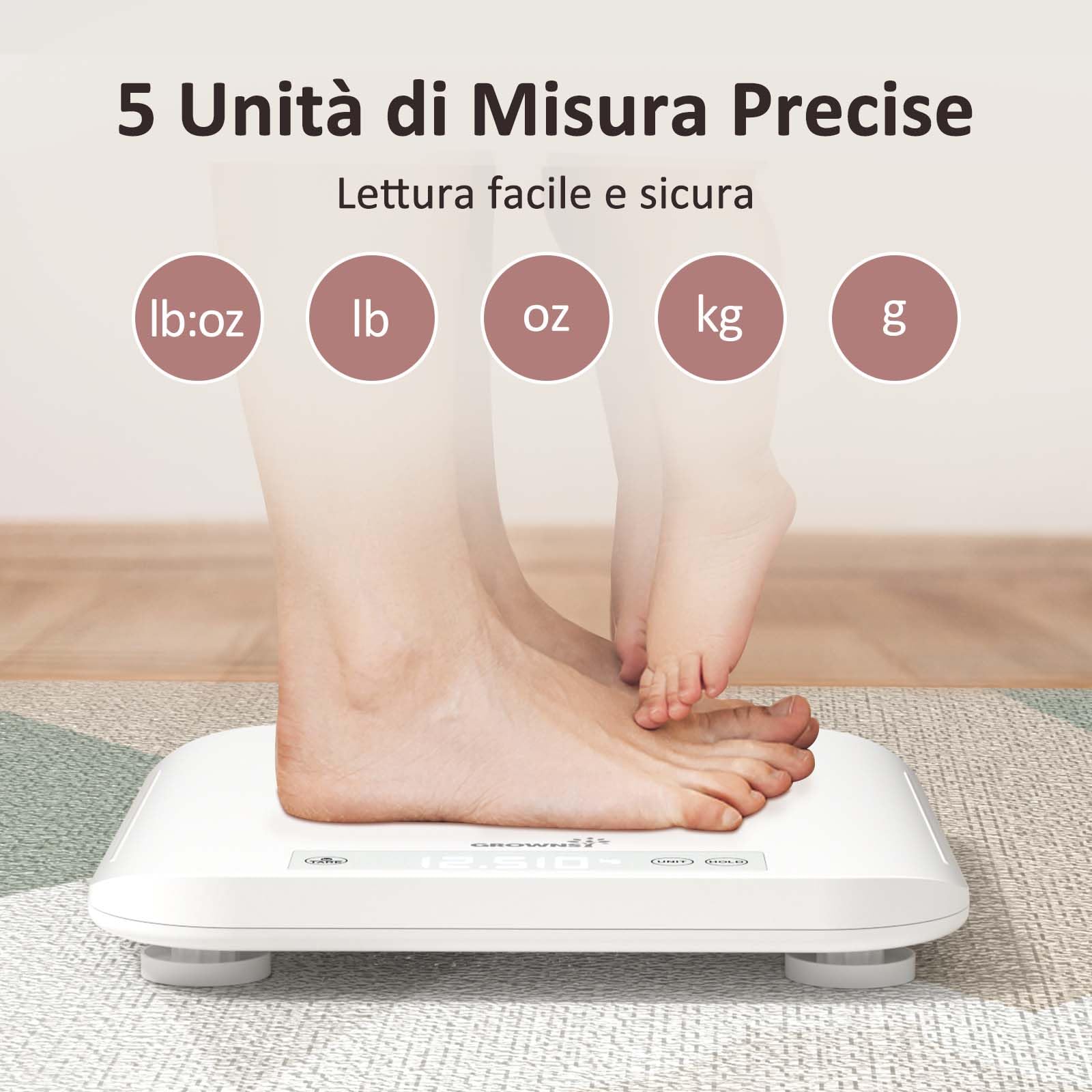 Grownsy Bilancia Neonato Digitale per Neonati, Bambini, Animali Domestici e Adulti Fino a 150 kg, Vassoio Removibile, Display LCD, Funzione Hold, Misurazione Dell'altezza Fino a 70cm, 5 Unità